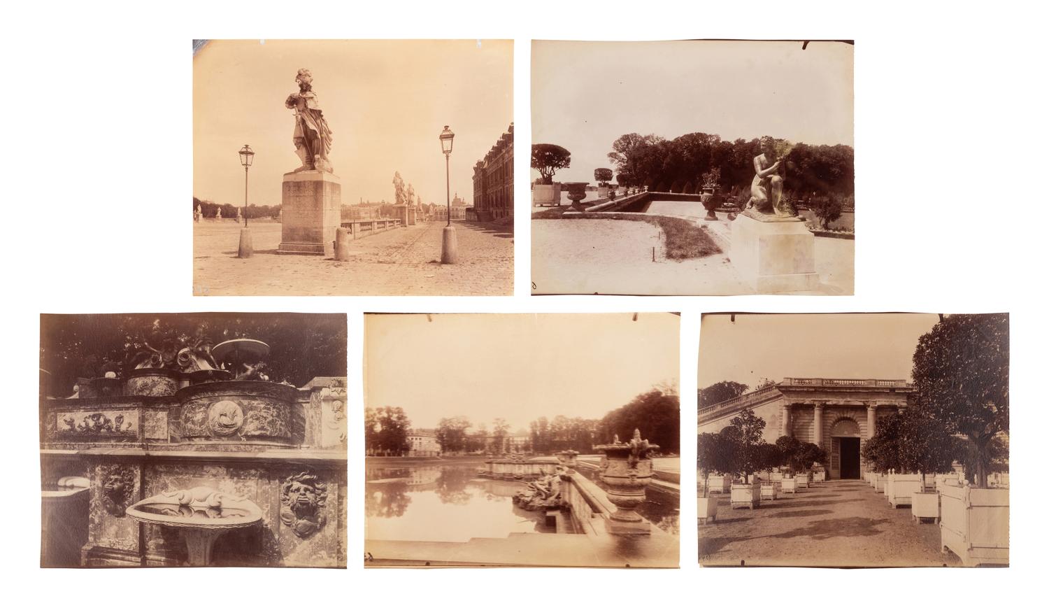 A group of five photographs depicting the grounds of Versailles ( Cours d'Honneur, Versailles , 1901; La Vénus accroupie, par Coysevox (Versailles) , 1902; Versailles - Bassin de Neptune, 1902; Versailles - l'Orangerie, 1903; Grand Trianon - le Buffet , 1906)