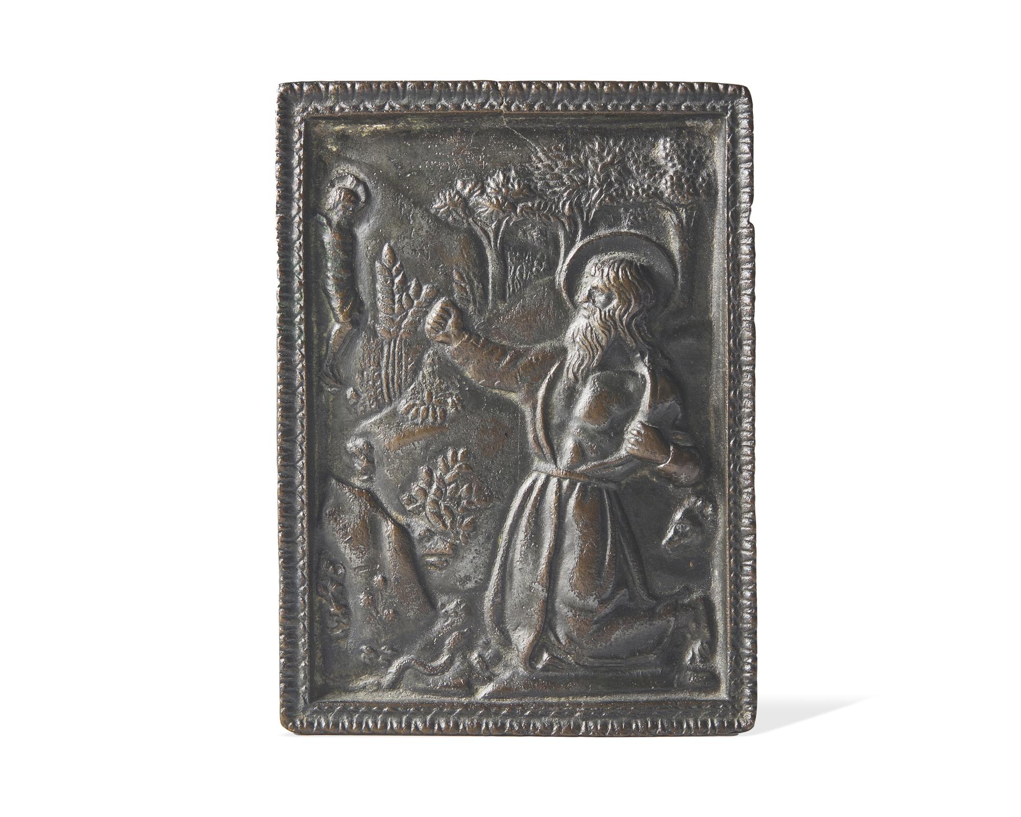 An Italian bronze bas relief pax depicting Saint Jerome in the Wilderness, late 15th century