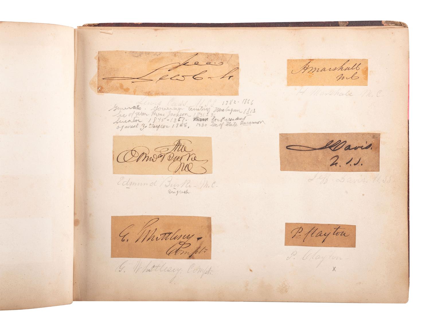 [CIVIL WAR]. Autograph book identified to Lucritia Taft Flagg, featuring signatures of assorted 19th-century figures including D.L. MOODY, Lewis CASS, Charles SUMNER, William H. SEWARD, and others.