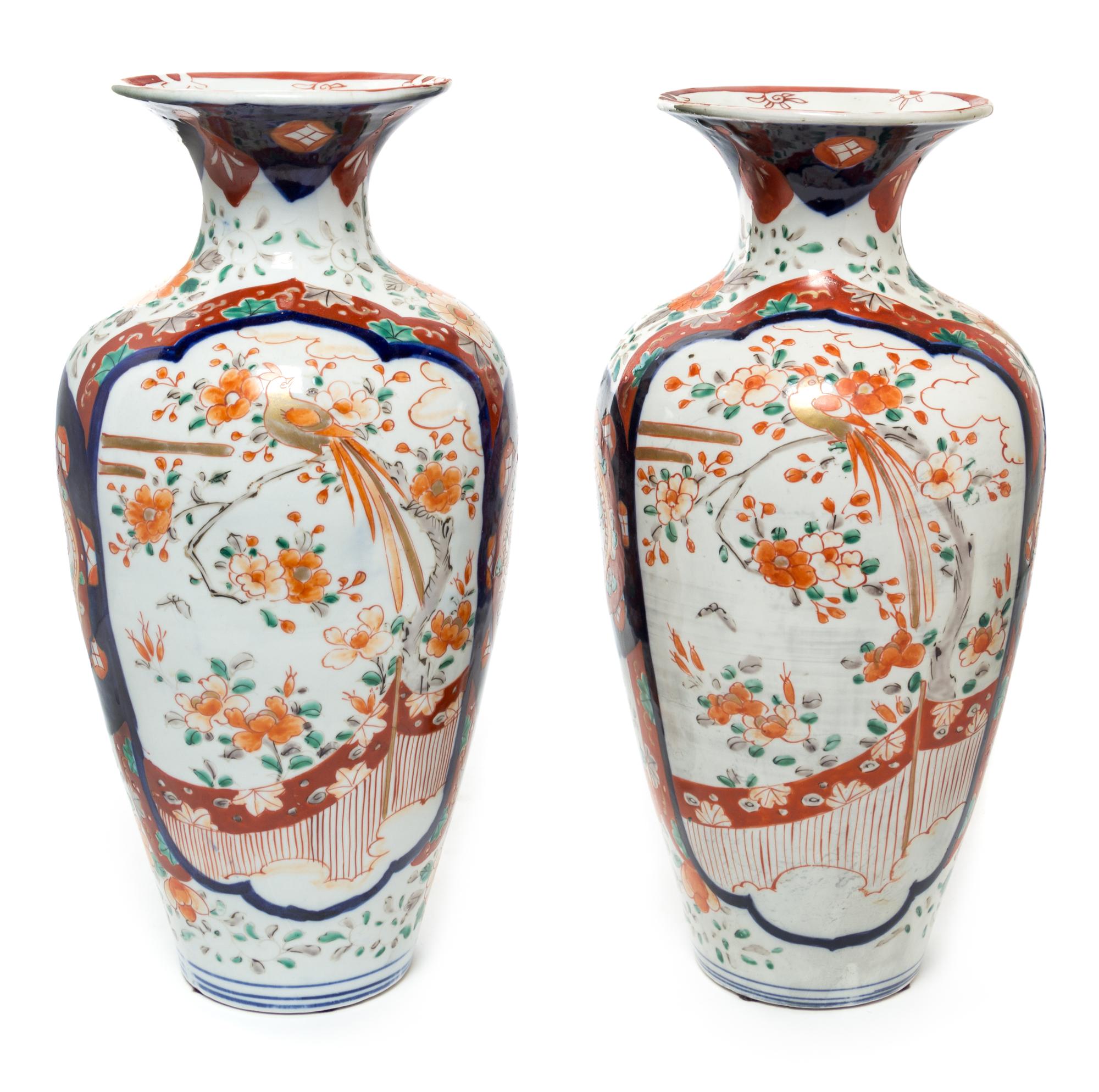 A Pair of Imari Palette Porcelain Vases Height 14 5/8 inches.