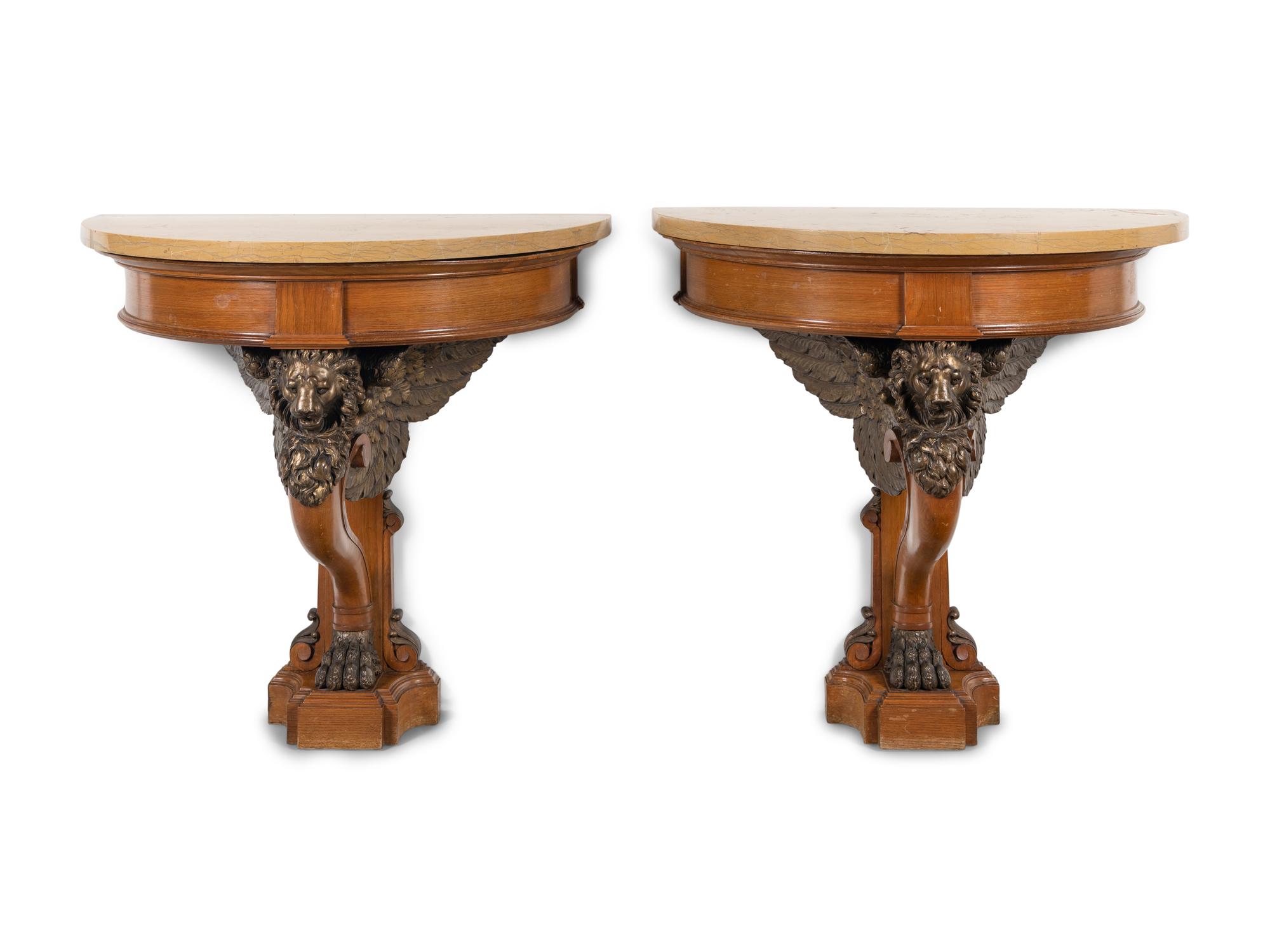 A Pair of North European Neoclassical Style Parcel-Gilt Oak Marble-Top Console Tables