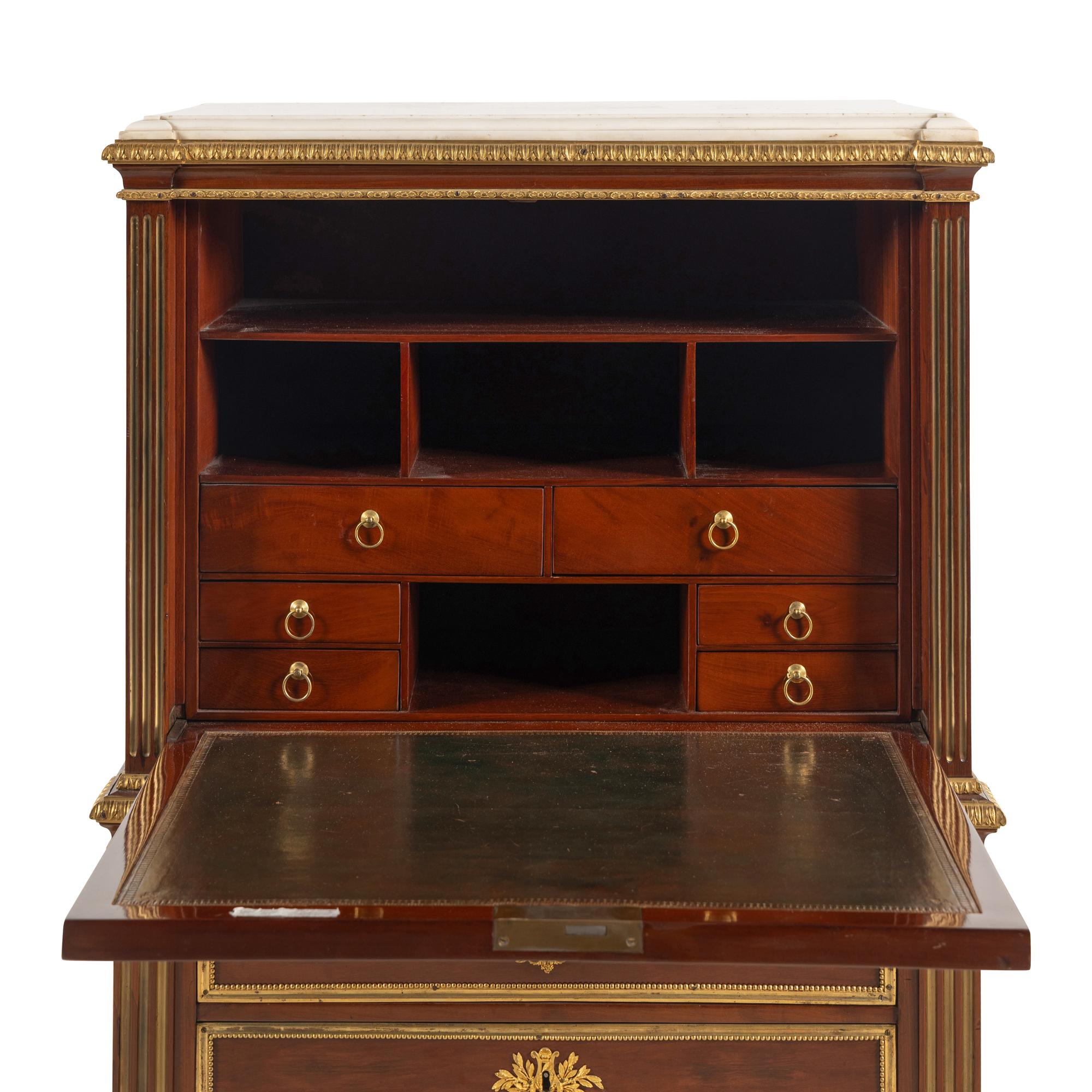 A Louis XVI Brass-Inlaid and Gilt Bronze Mounted Mahogany Secrétaire à Abattant