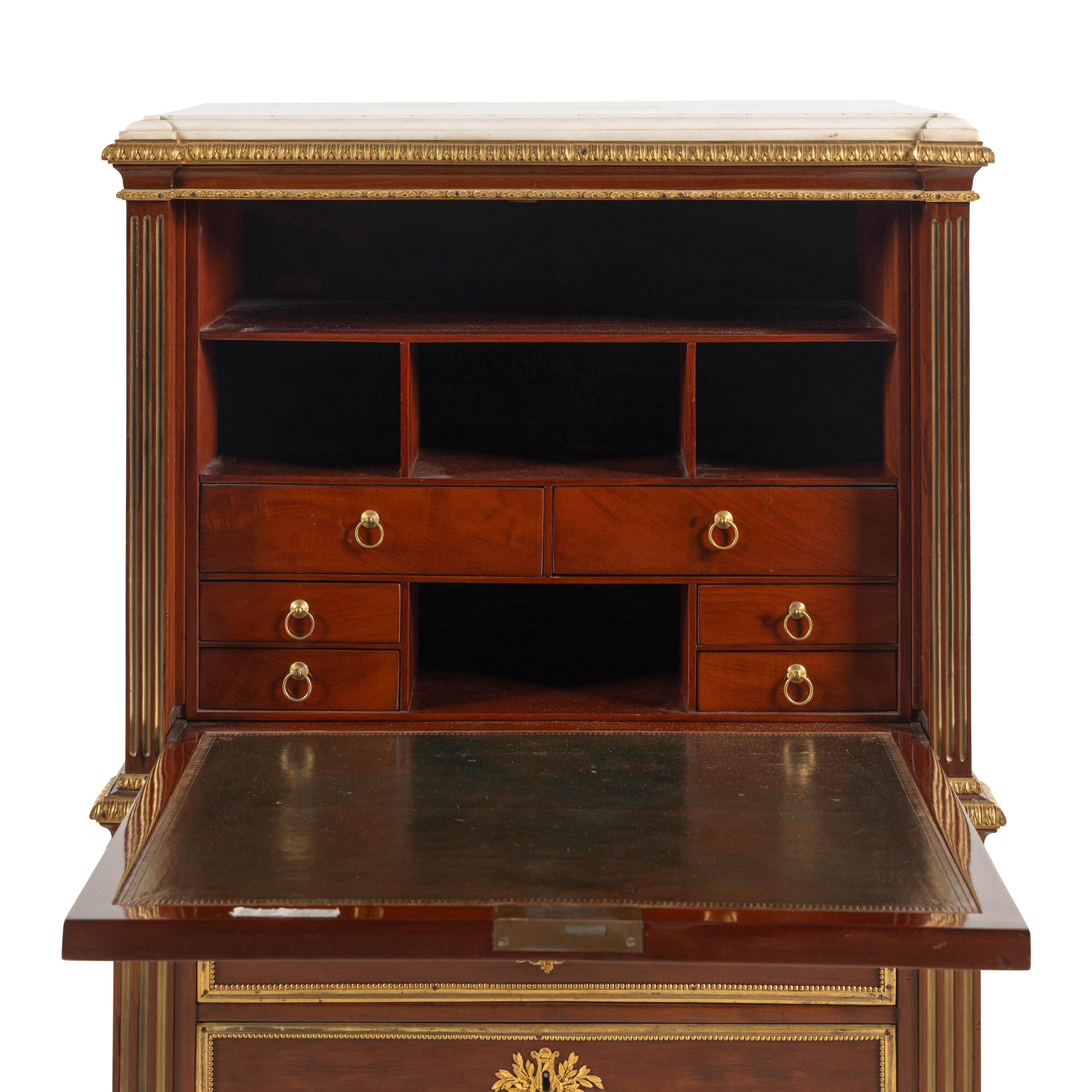 A Louis XVI Brass-Inlaid and Gilt Bronze Mounted Mahogany Secrétaire à Abattant