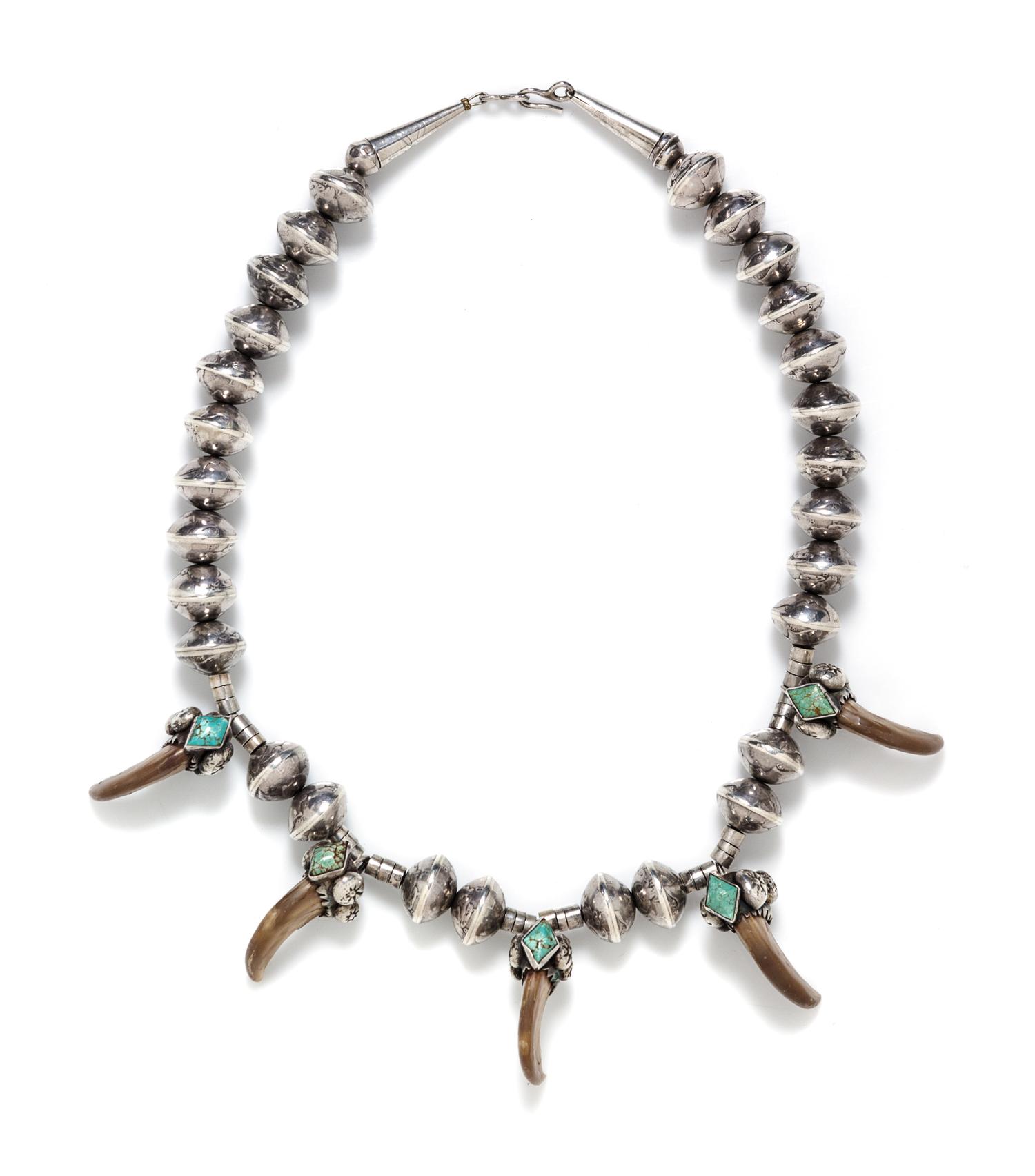 A Mercury Head Coin, Silver, Turquoise, and Bear Claw Necklace, Native American, 121.10 dwts.