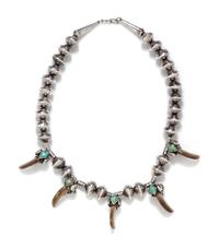 A Mercury Head Coin, Silver, Turquoise, and Bear Claw Necklace, Native American, 121.10 dwts.