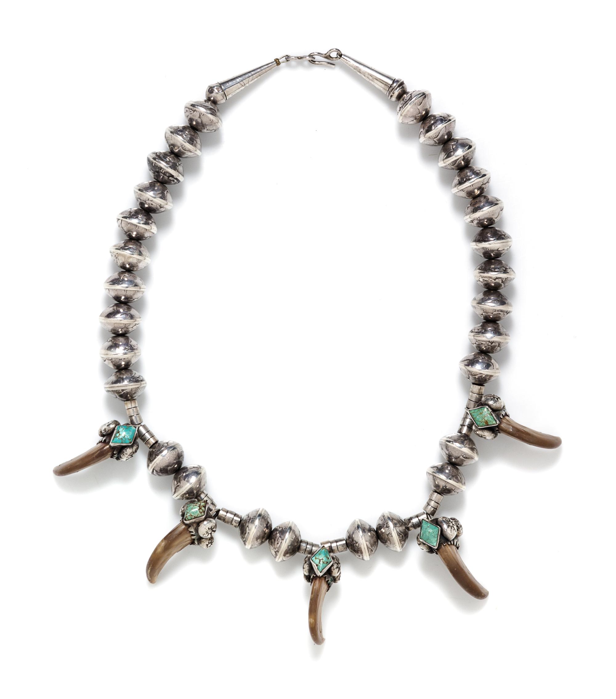 A Mercury Head Coin, Silver, Turquoise, and Bear Claw Necklace, Native American, 121.10 dwts.