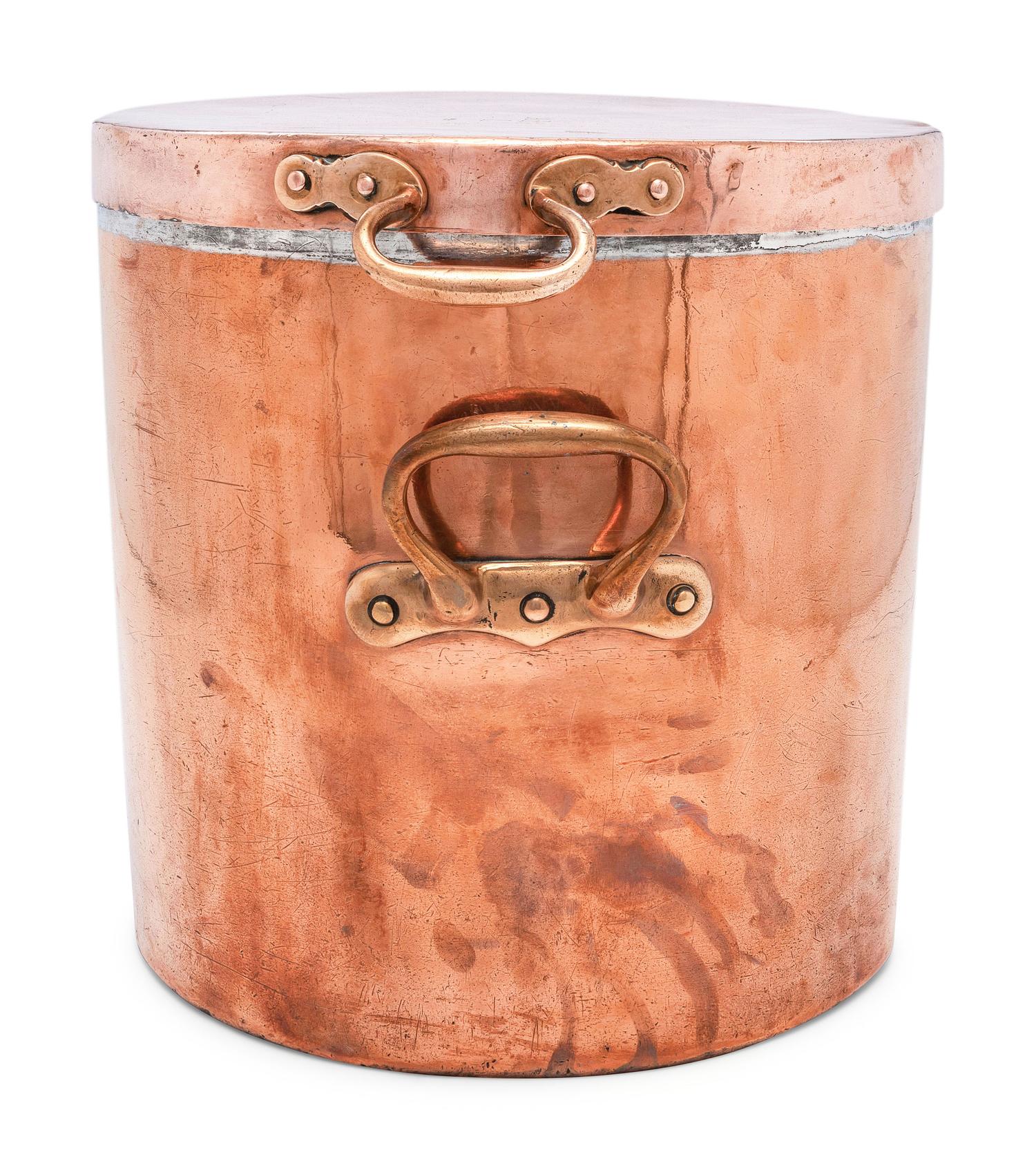 An English Copper Stock Pot with Cover and Brass Handles