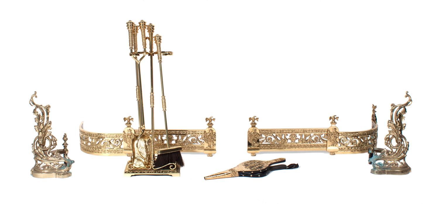 A Collection of Gilt Brass Fireplace Equipment Height of first 17 inches. — SECOND HALF 20TH CENTURY