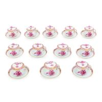 A Set of Twelve Herend Chinese Bouquet Porcelain Pots-de-Crèmes and Saucers