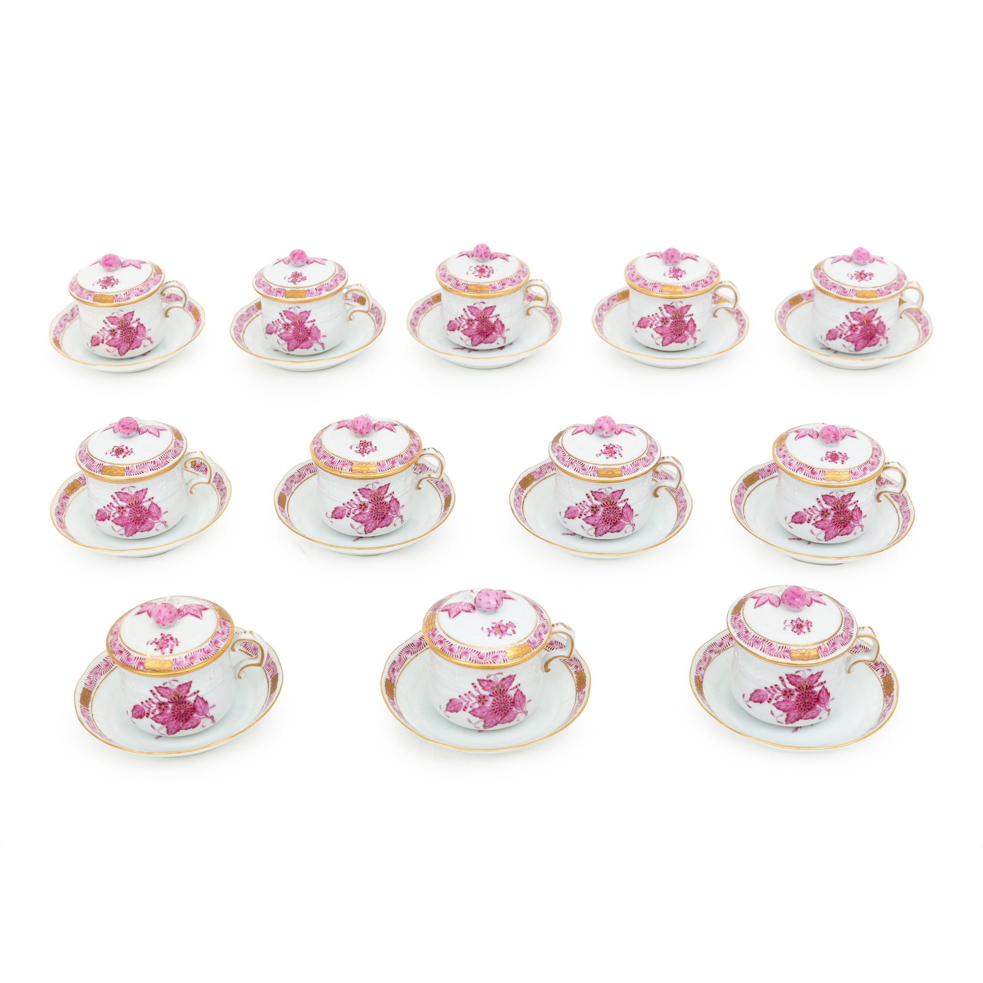 A Set of Twelve Herend Chinese Bouquet Porcelain Pots-de-Crèmes and Saucers