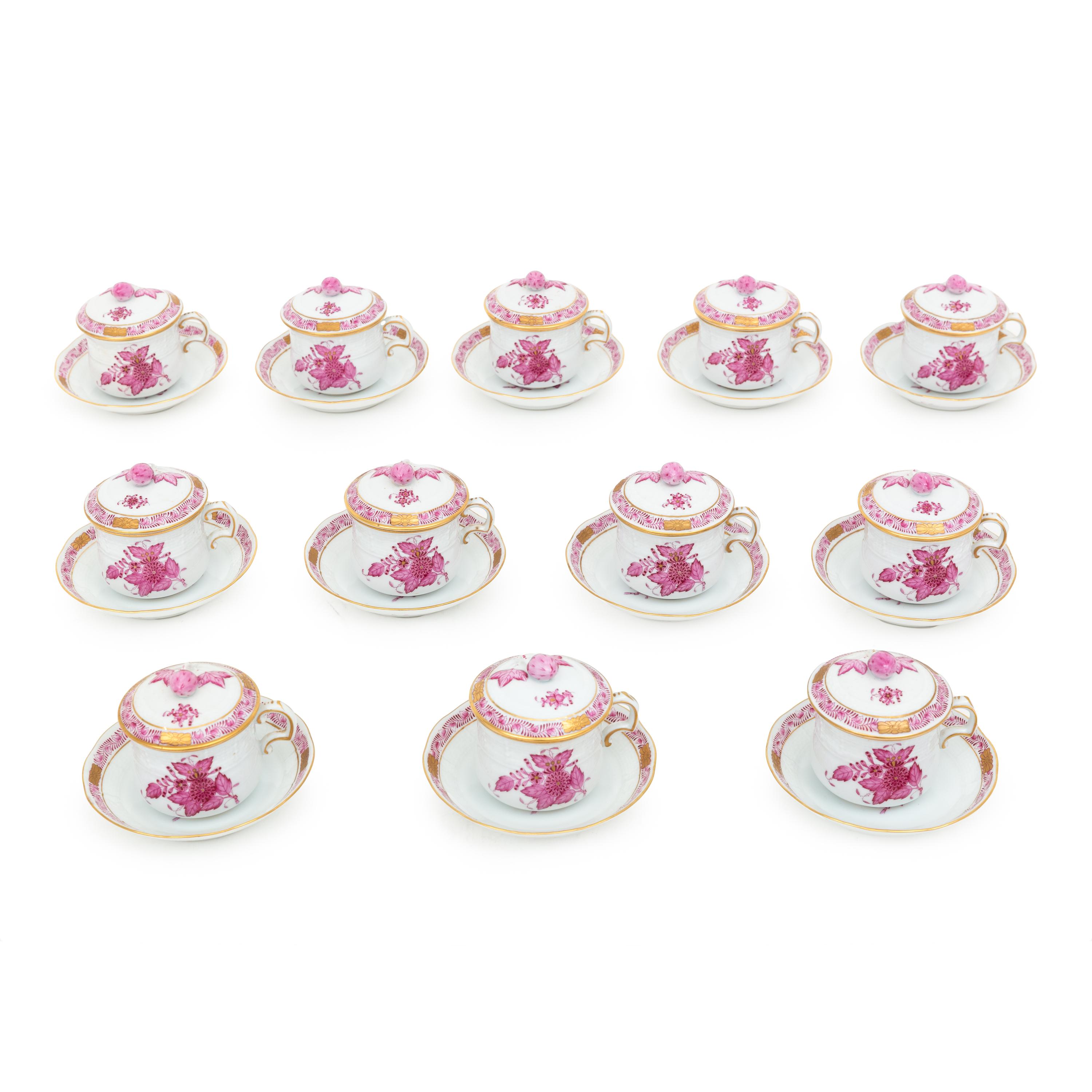 A Set of Twelve Herend Chinese Bouquet Porcelain Pots-de-Crèmes and Saucers