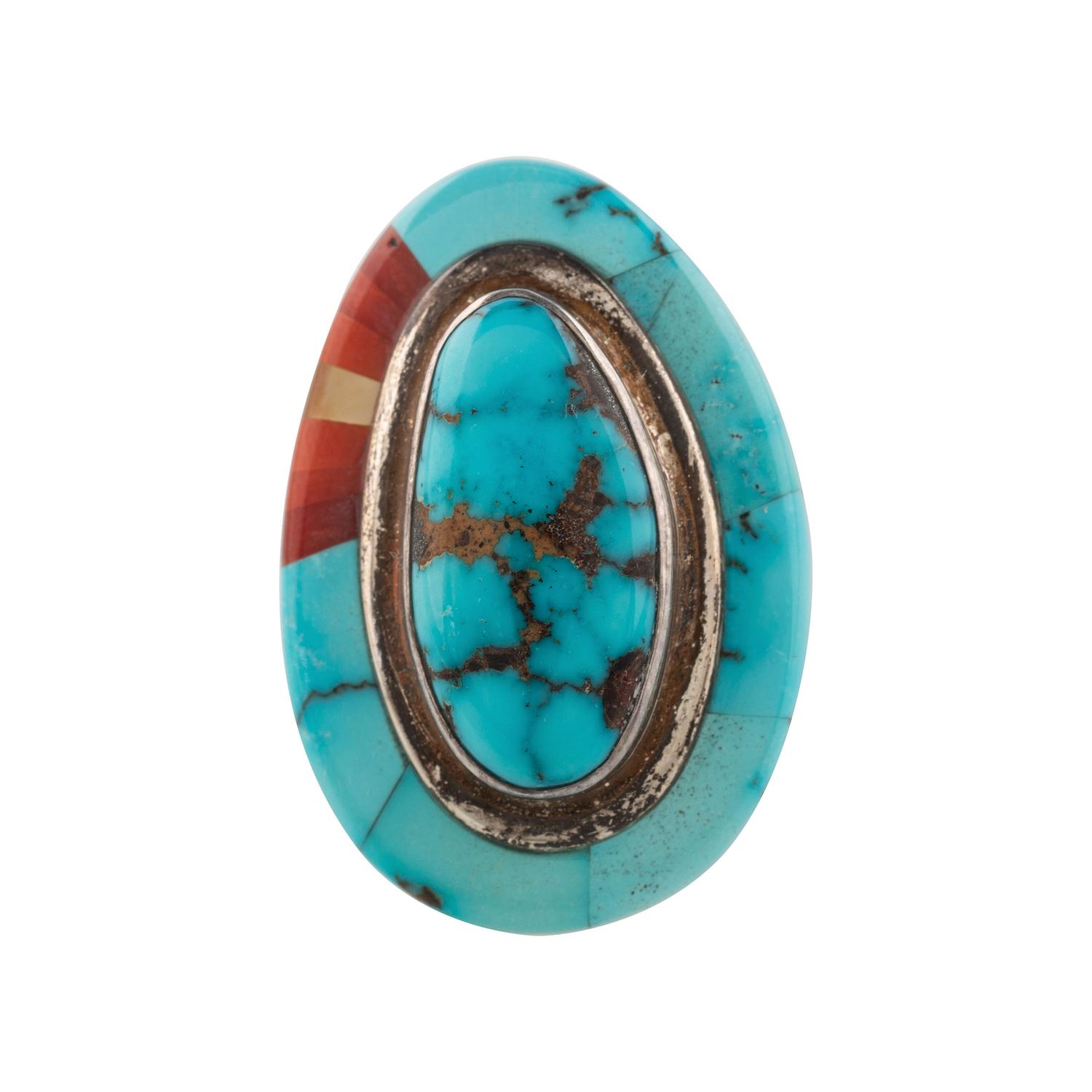 Sterling Silver, Turquoise, Coral, and Shell Ring