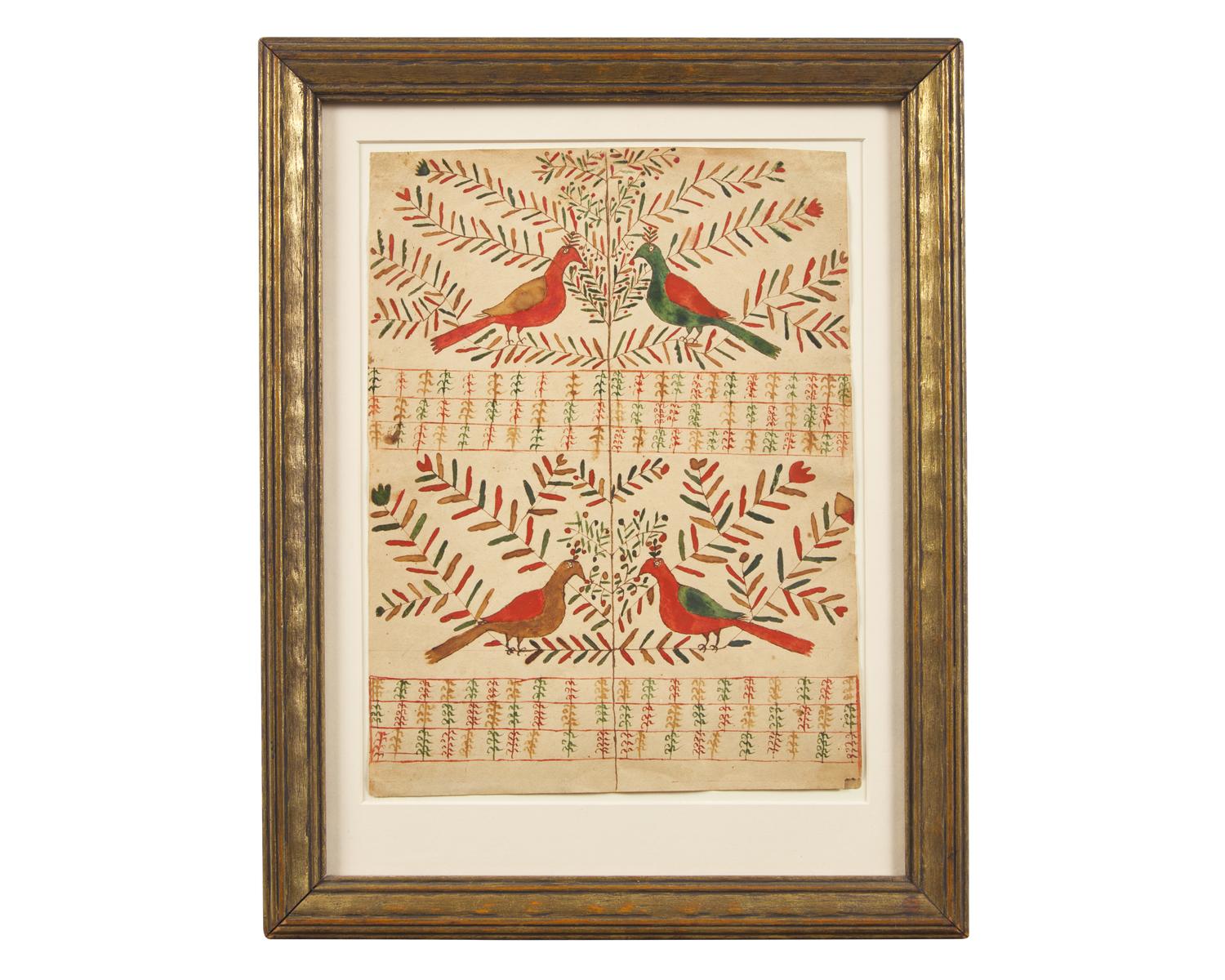 A Fraktur Drawing: Four Birds on Branches, Pennsylvania, 19th Century