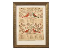 A Fraktur Drawing: Four Birds on Branches, Pennsylvania, 19th Century