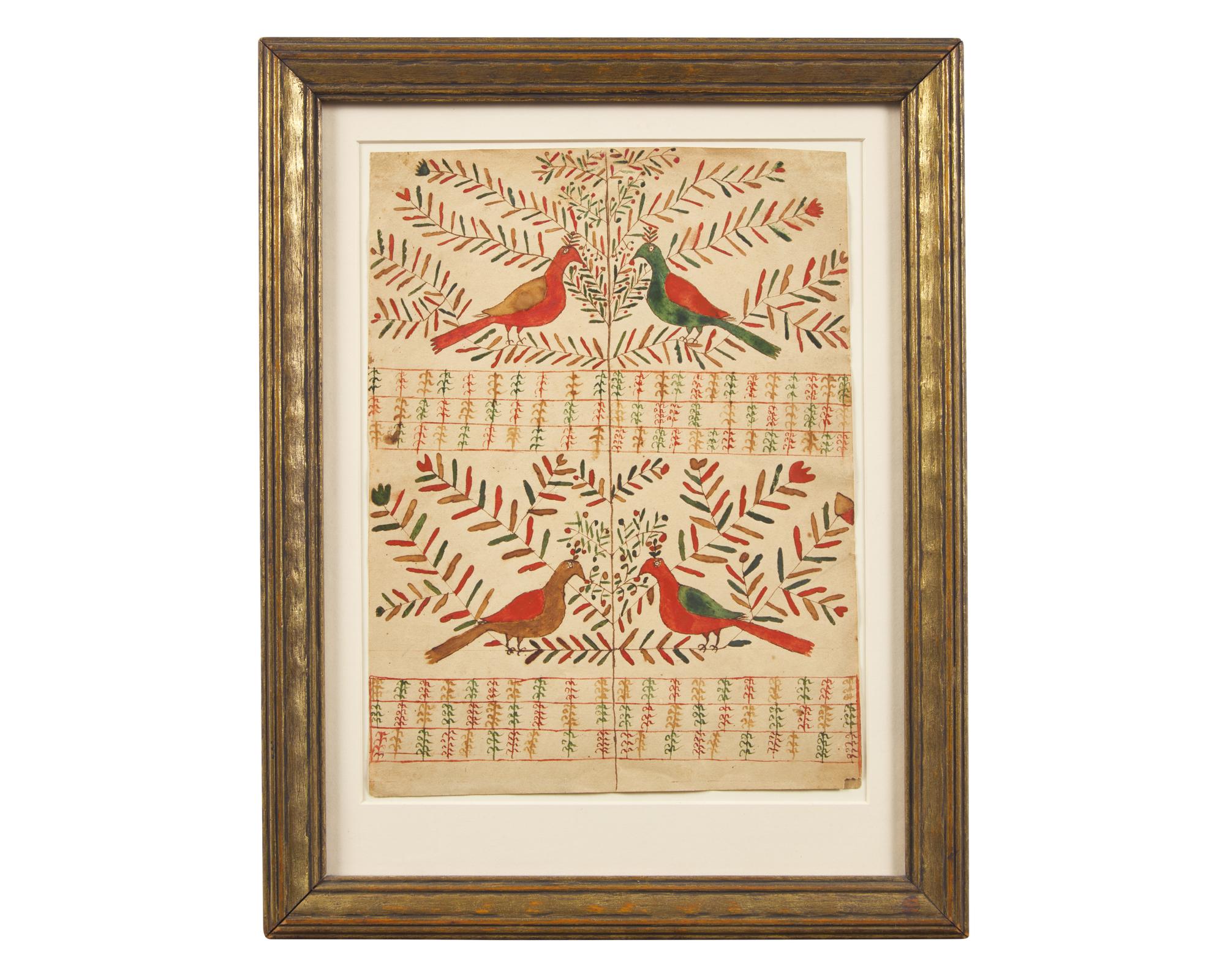 A Fraktur Drawing: Four Birds on Branches, Pennsylvania, 19th Century