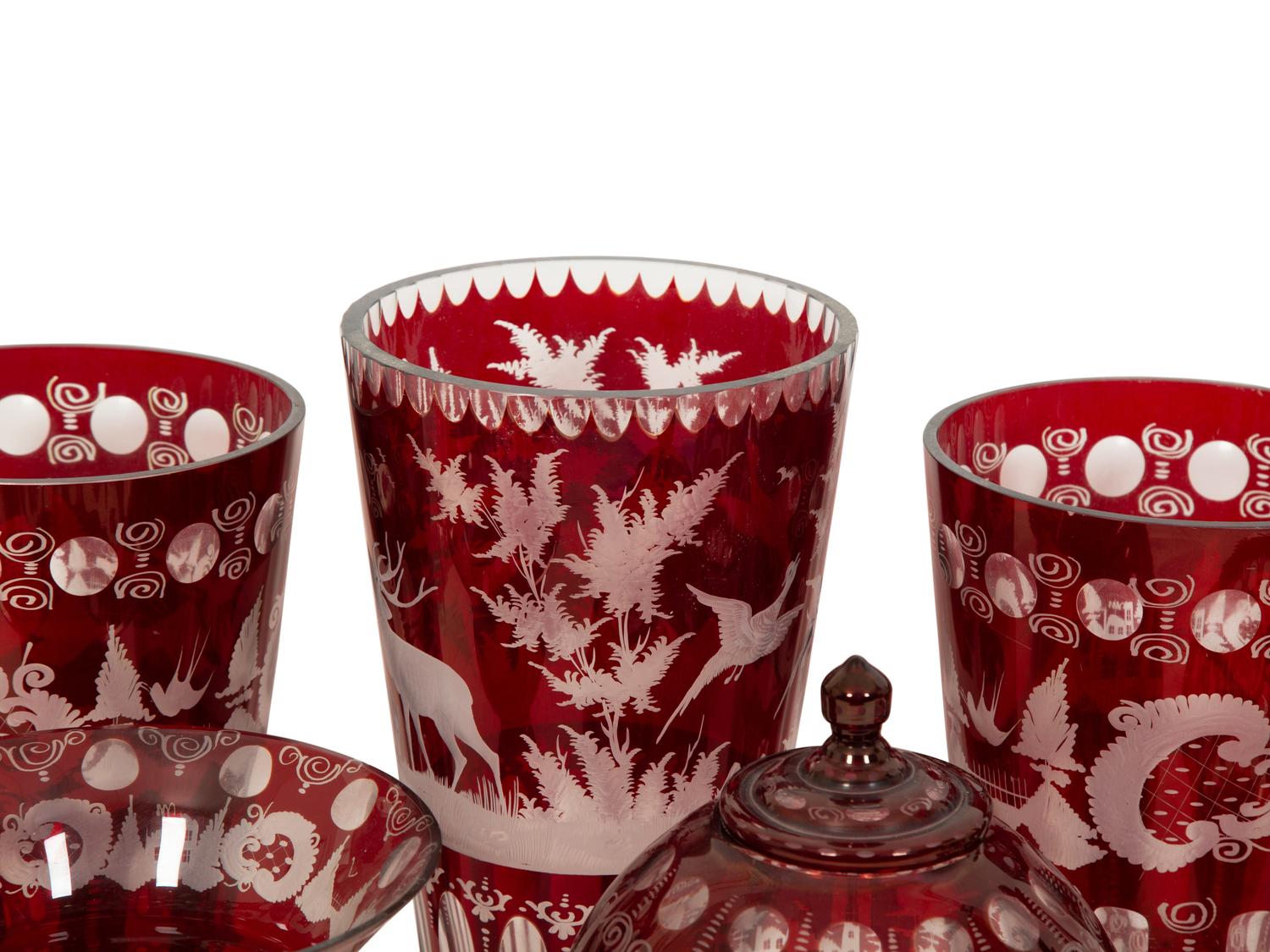 A Group of Bohemian Red Cut-to-Clear Etched Glassware
