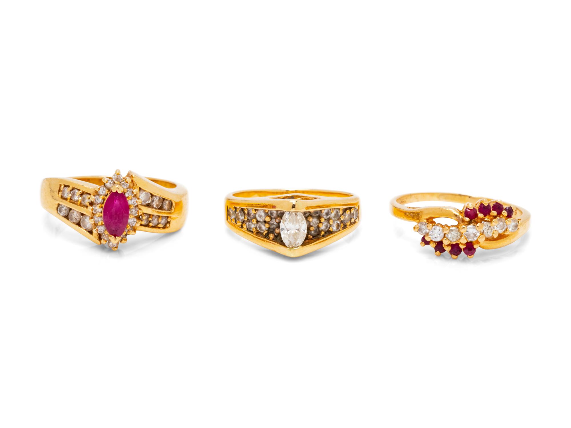 A Collection of 14 Karat Yellow Gold and Diamond Rings,