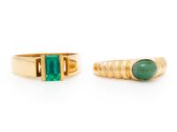 TWO YELLOW GOLD AND EMERALD RINGS