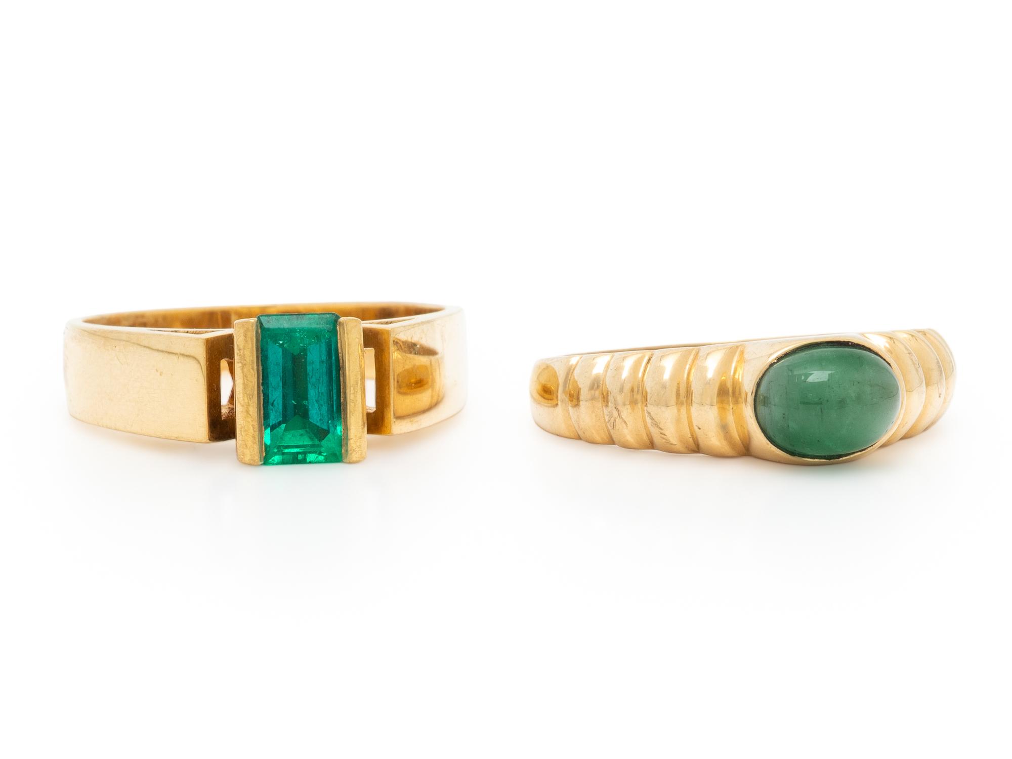 TWO YELLOW GOLD AND EMERALD RINGS