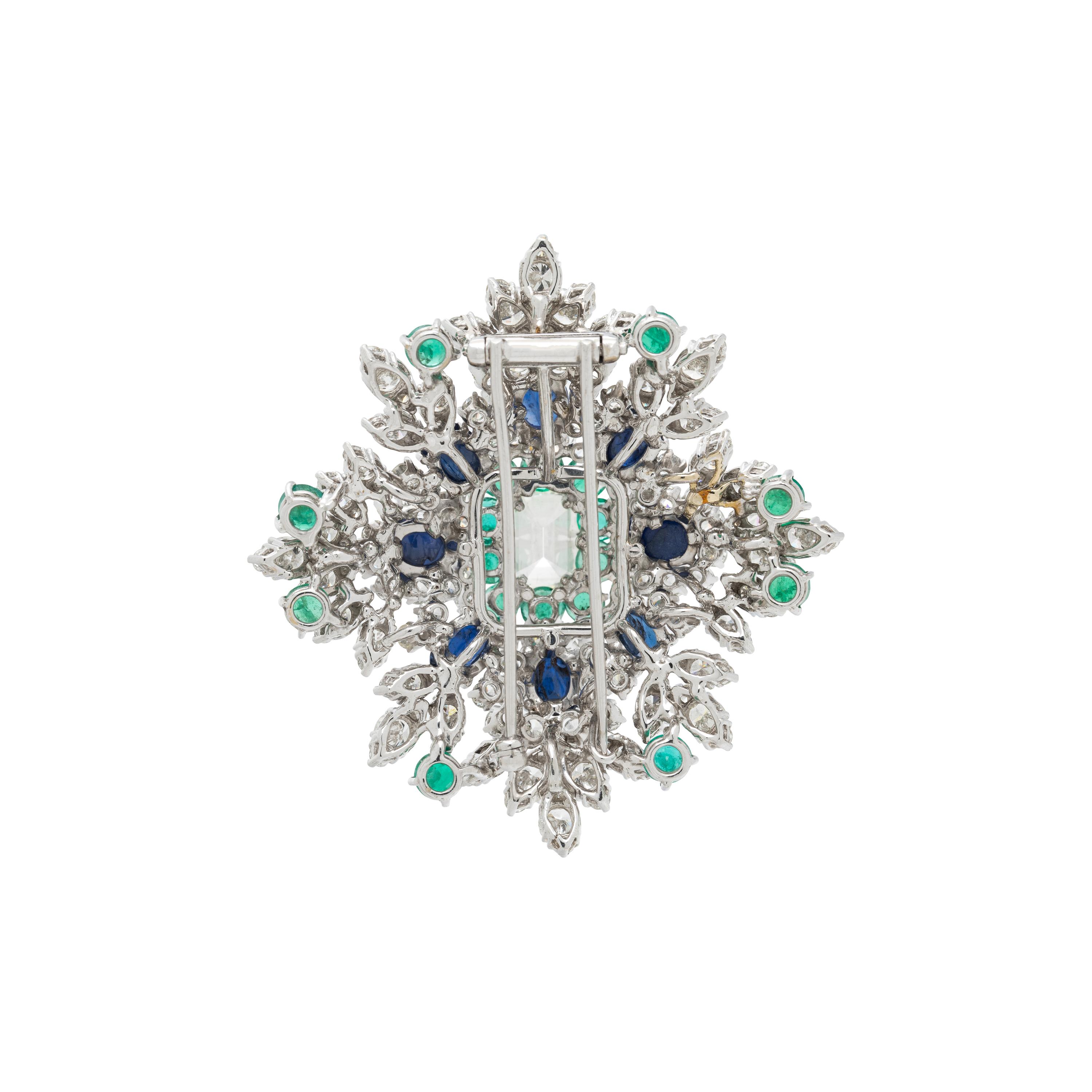 DIAMOND, EMERALD, AND SAPPHIRE BROOCH