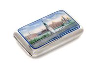 A Russian Enameled Silver Cigarette Case, Maker's mark GK, Moscow, late 19th century, the lid decorated with a painted scene of the Kre
