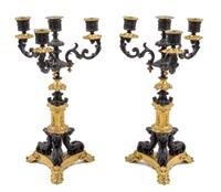 A Pair of Neoclassical Gilt and Patinated Bronze Four-Light Candelabra Height 13 3/4 inches.
