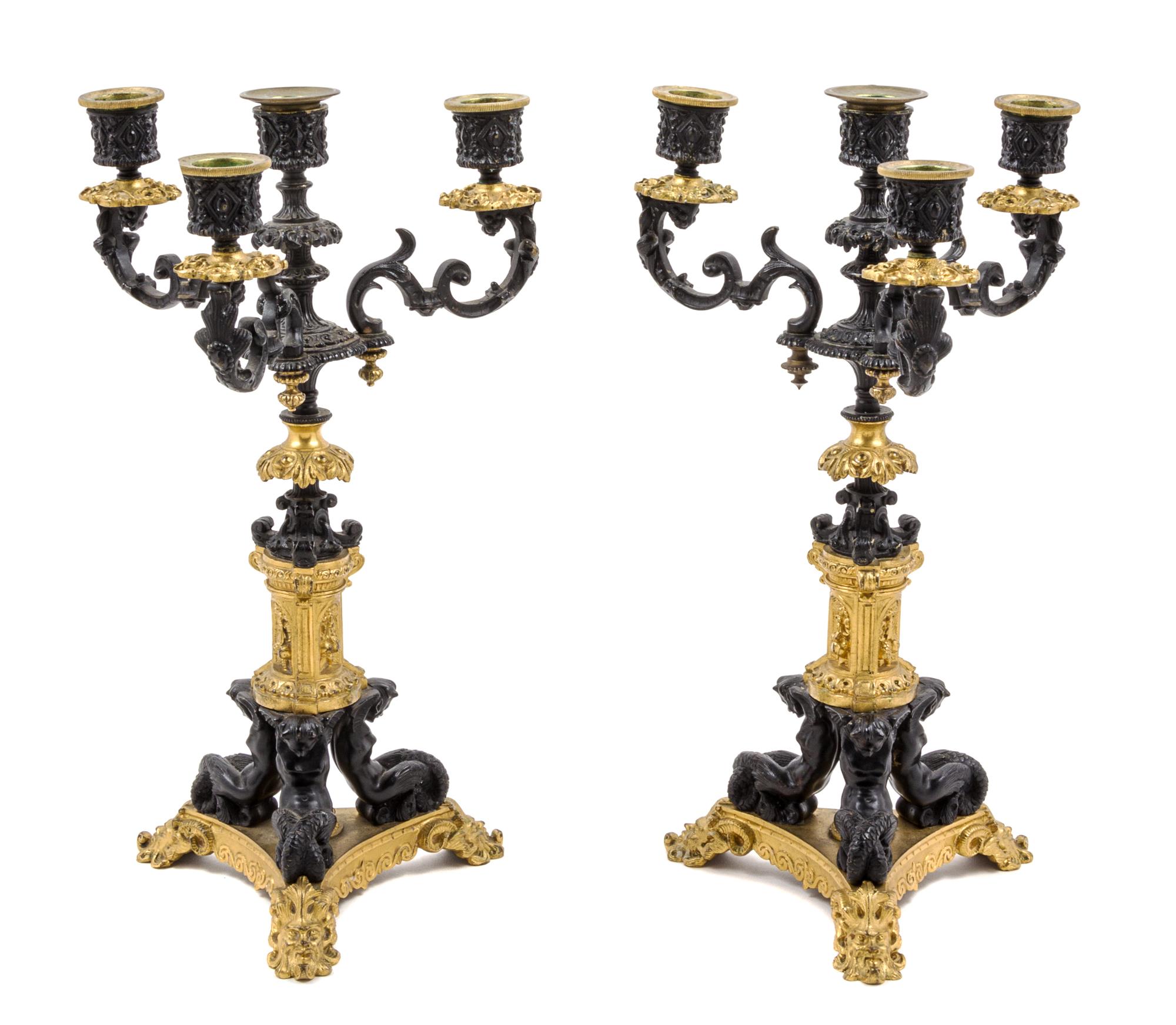 A Pair of Neoclassical Gilt and Patinated Bronze Four-Light Candelabra Height 13 3/4 inches.