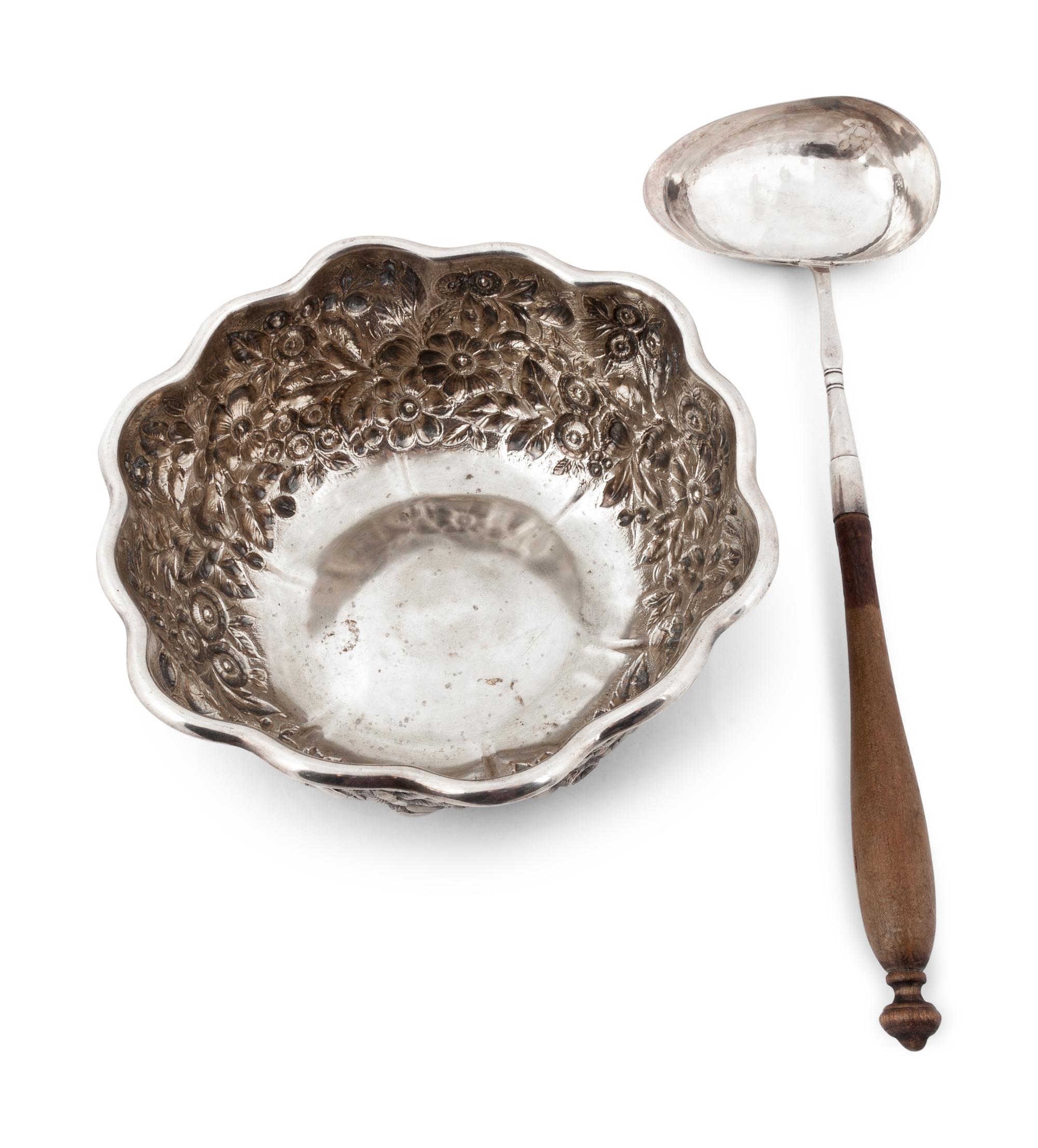 An American Silver Repousse Bowl and a Swedish Silver Dipper