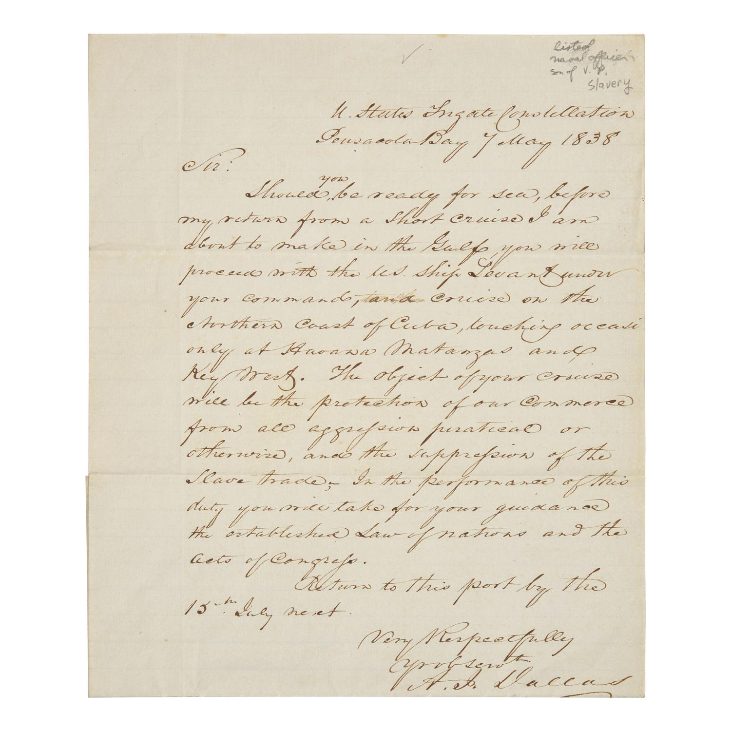 [Paulding, Hiram] [Slave Trade] Dallas II, Alexander J. Autograph Letter, Signed