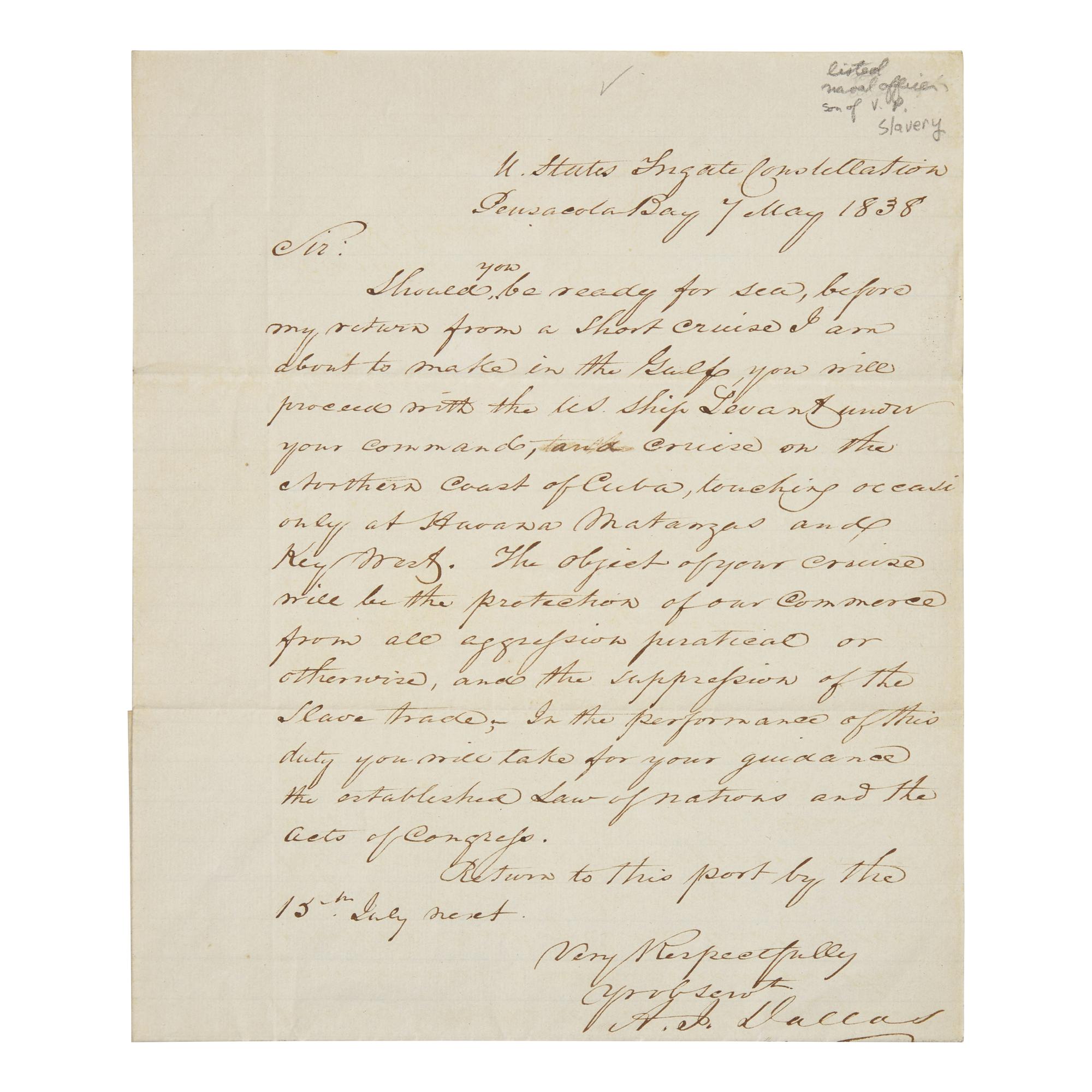 [Paulding, Hiram] [Slave Trade] Dallas II, Alexander J. Autograph Letter, Signed