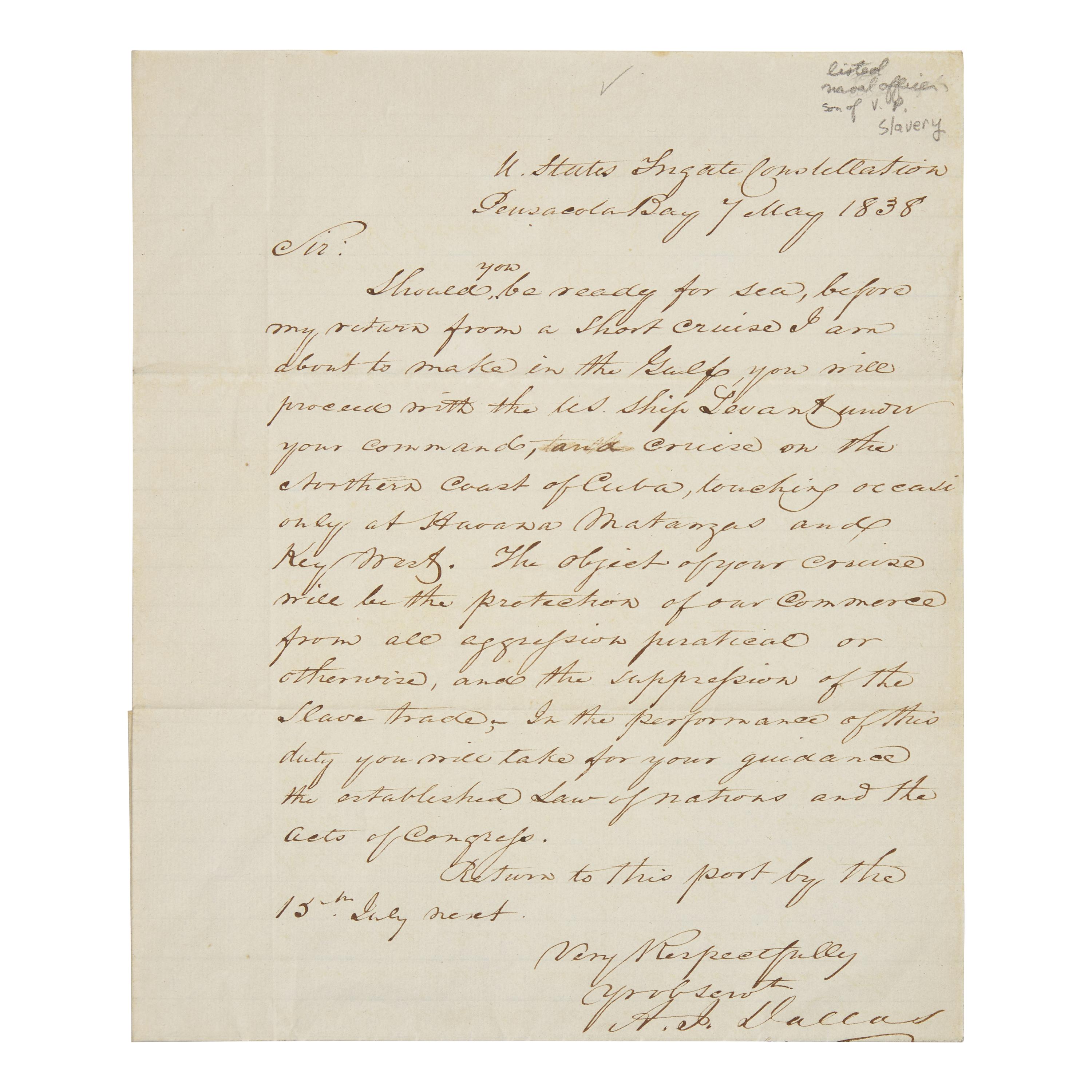[Paulding, Hiram] [Slave Trade] Dallas II, Alexander J. Autograph Letter, Signed