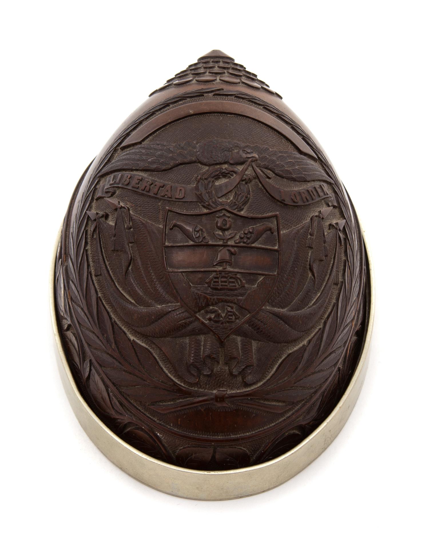 A Portuguese Carved Coconut Shell on Silver Plate Base — 19TH CENTURY