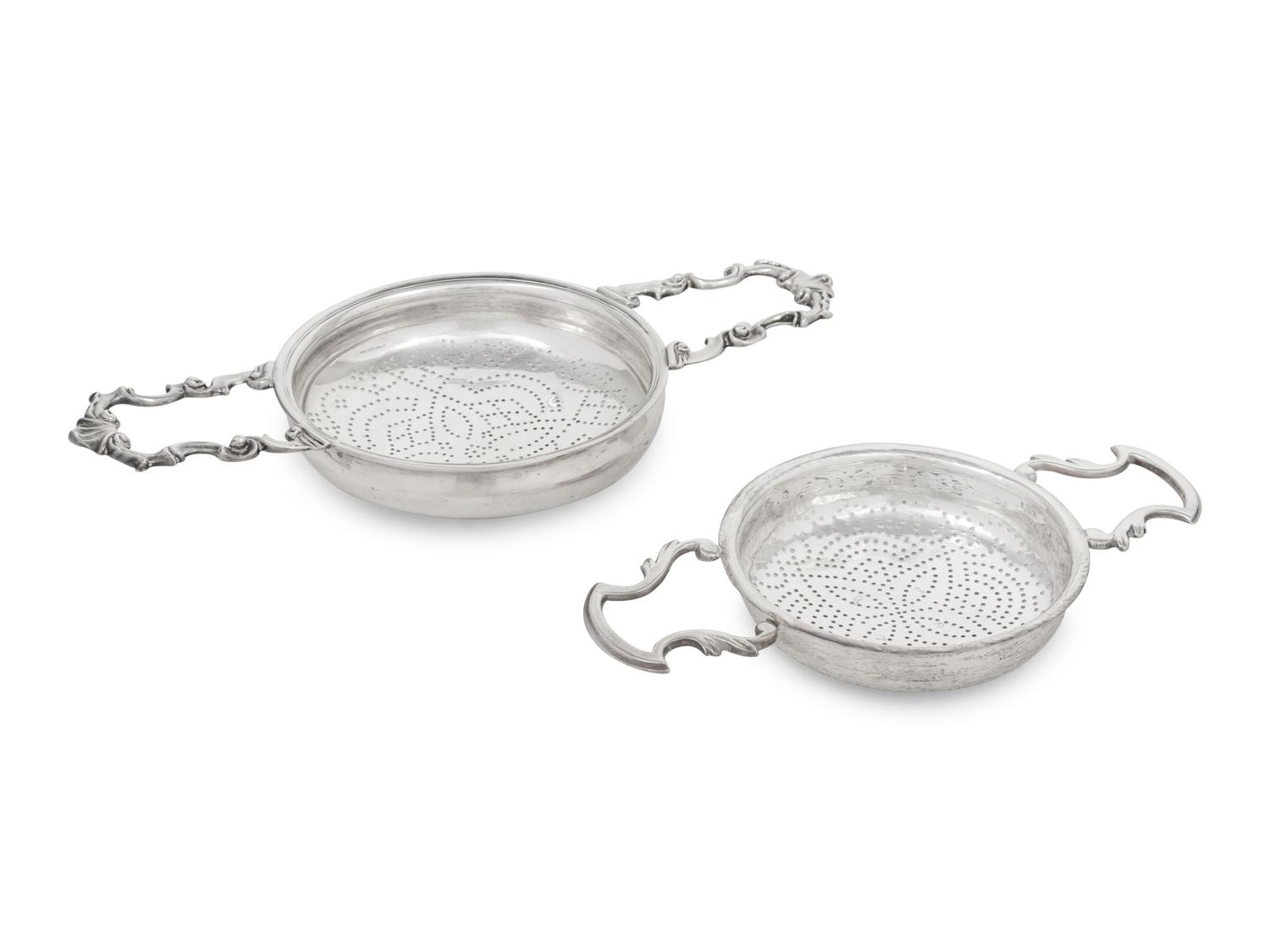 Two English Silver Punch Strainers