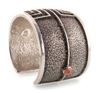 Sterling Silver Tufa Cast Cuff Bracelet, with Coral Accent