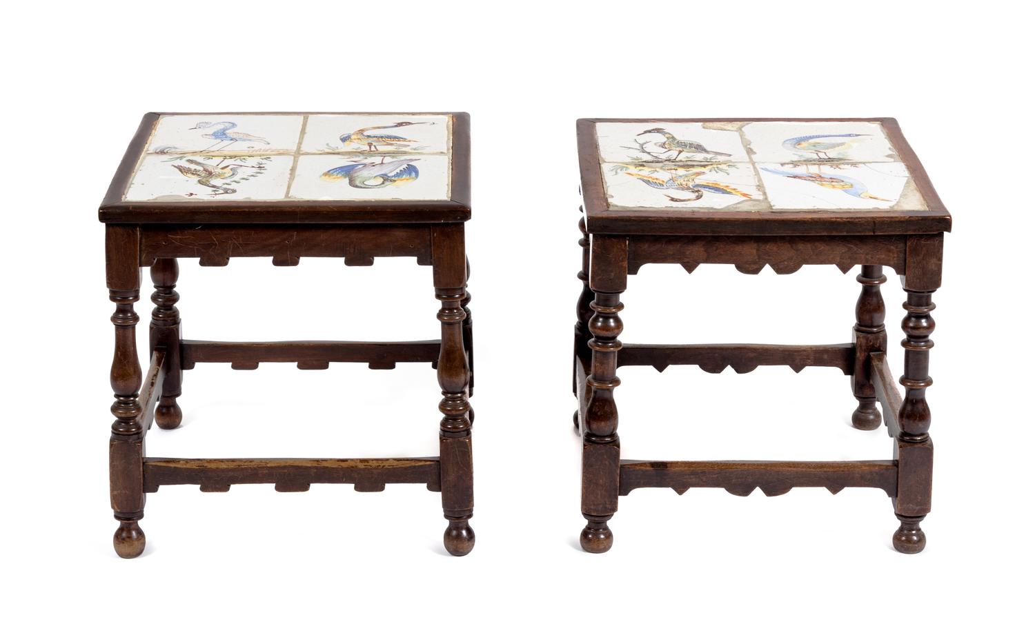 A Pair of William and Mary Style Tile Inset Side Tables Height 19 1/2 x width 18 3/4 x depth 18 3/4 inches.
