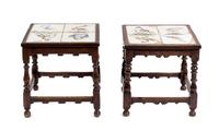 A Pair of William and Mary Style Tile Inset Side Tables Height 19 1/2 x width 18 3/4 x depth 18 3/4 inches.