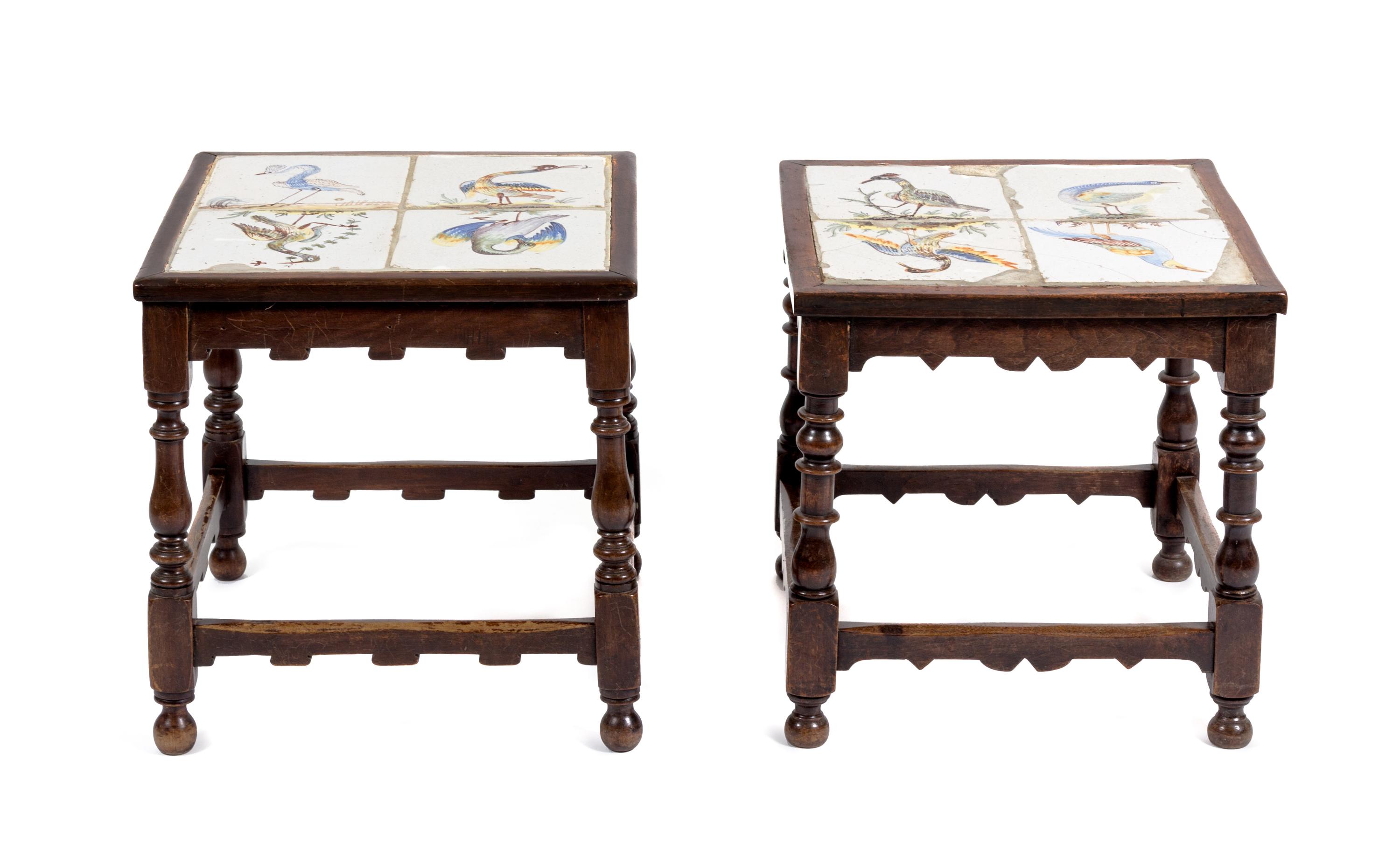 A Pair of William and Mary Style Tile Inset Side Tables Height 19 1/2 x width 18 3/4 x depth 18 3/4 inches.