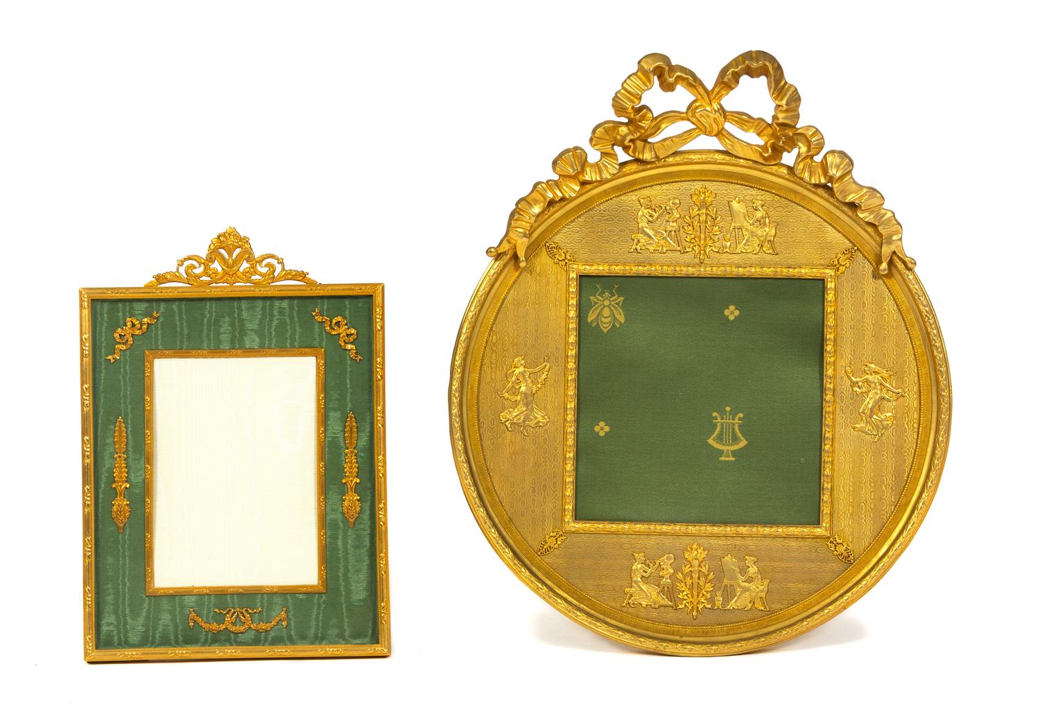 Two French Gilt Bronze and Green Moire Silk Easel Back Frames Larger, Height 15 x width 12 1/2 inches. — 19TH CENTURY