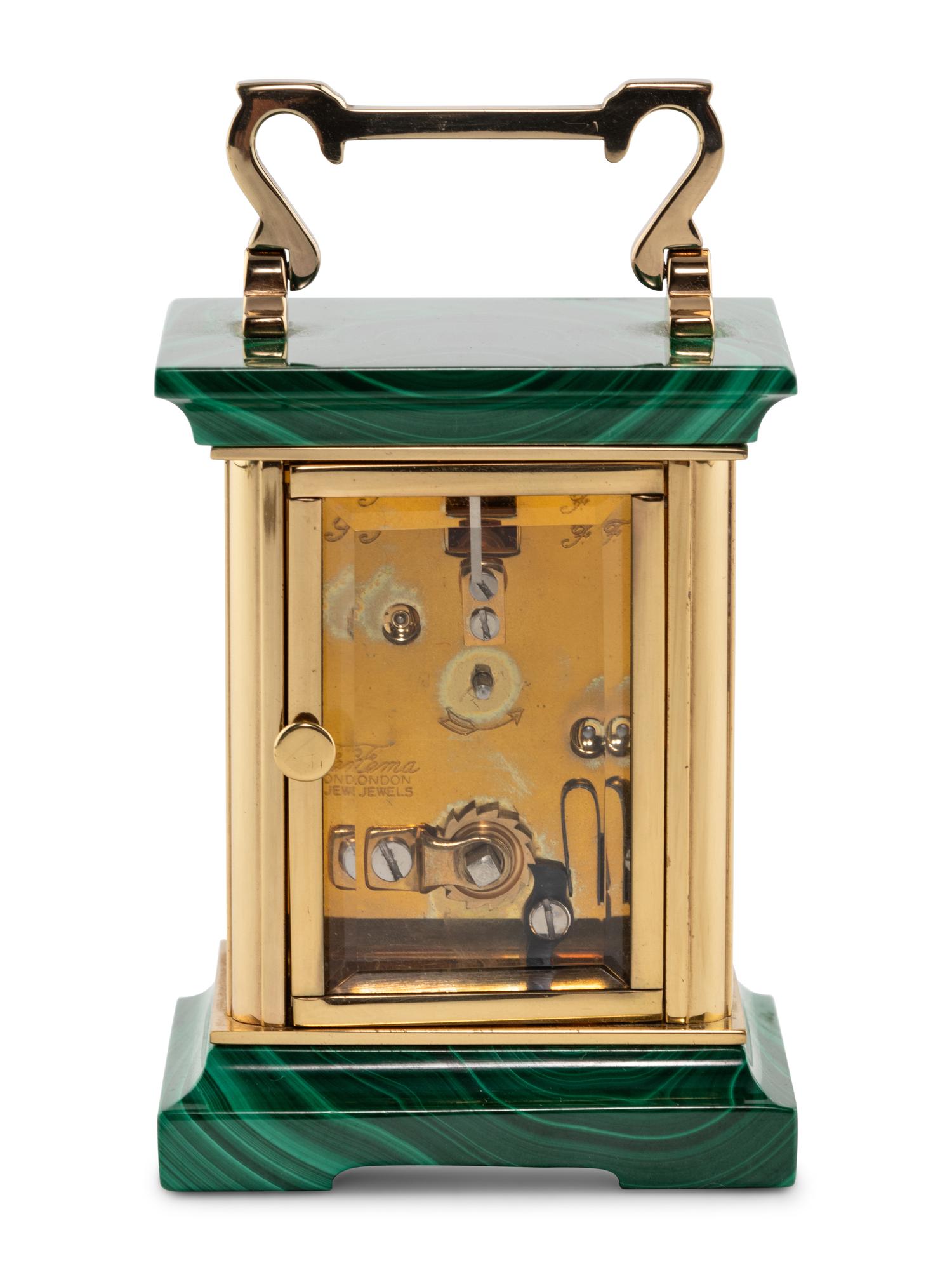 An Asprey and Co. Malachite and Brass Carriage Clock
