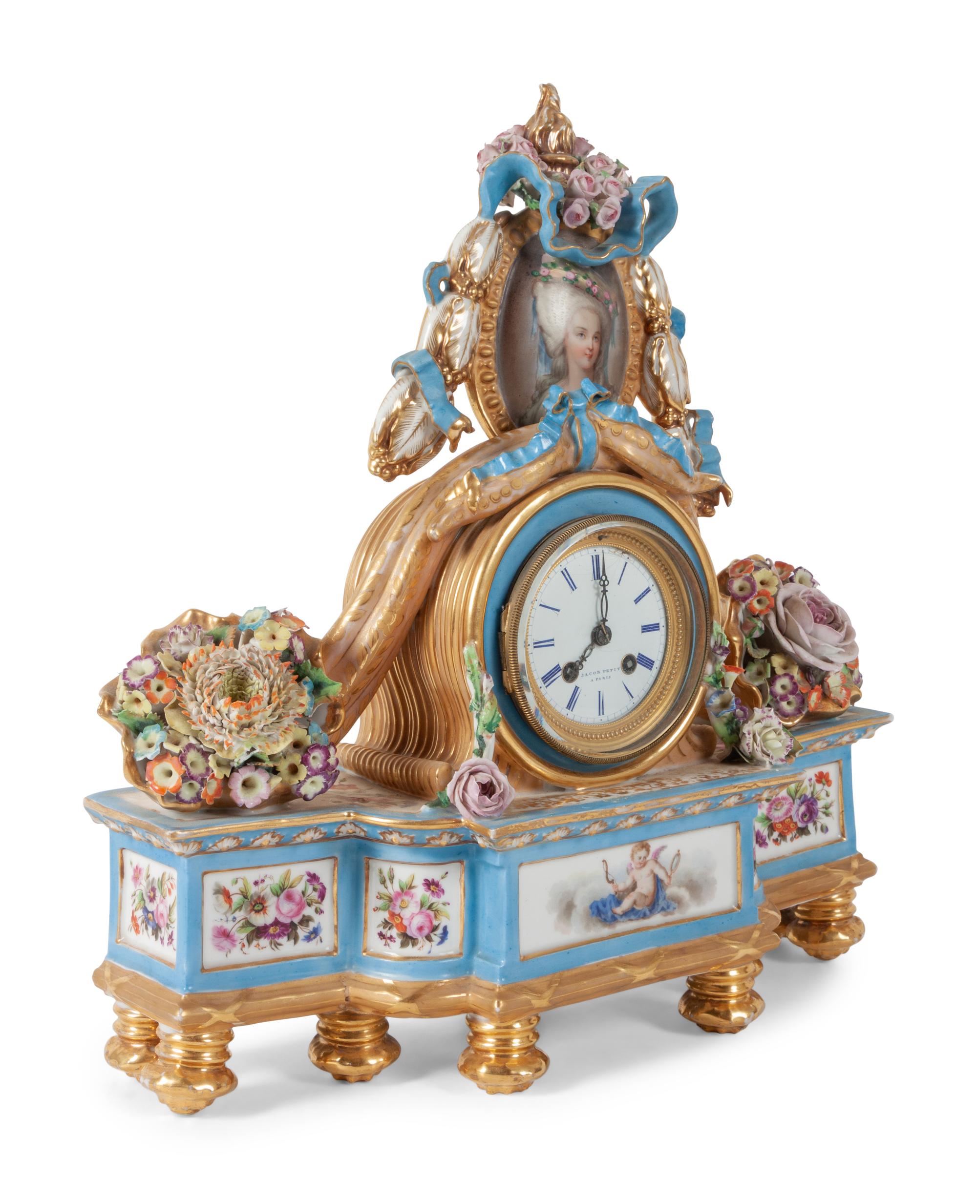 A Jacob Petit Porcelain Figural Mantle Clock