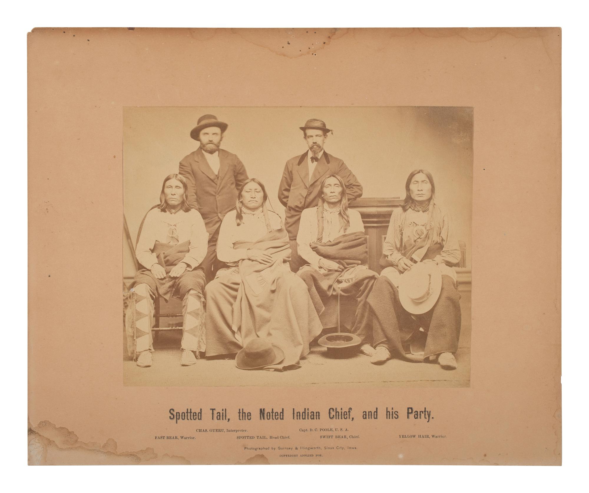GURSNEY & ILLINGWORTH, photographers. Spotted Tail, the Noted Indian Chief, and his Party . Sioux City, Iowa, [ca June 1870].