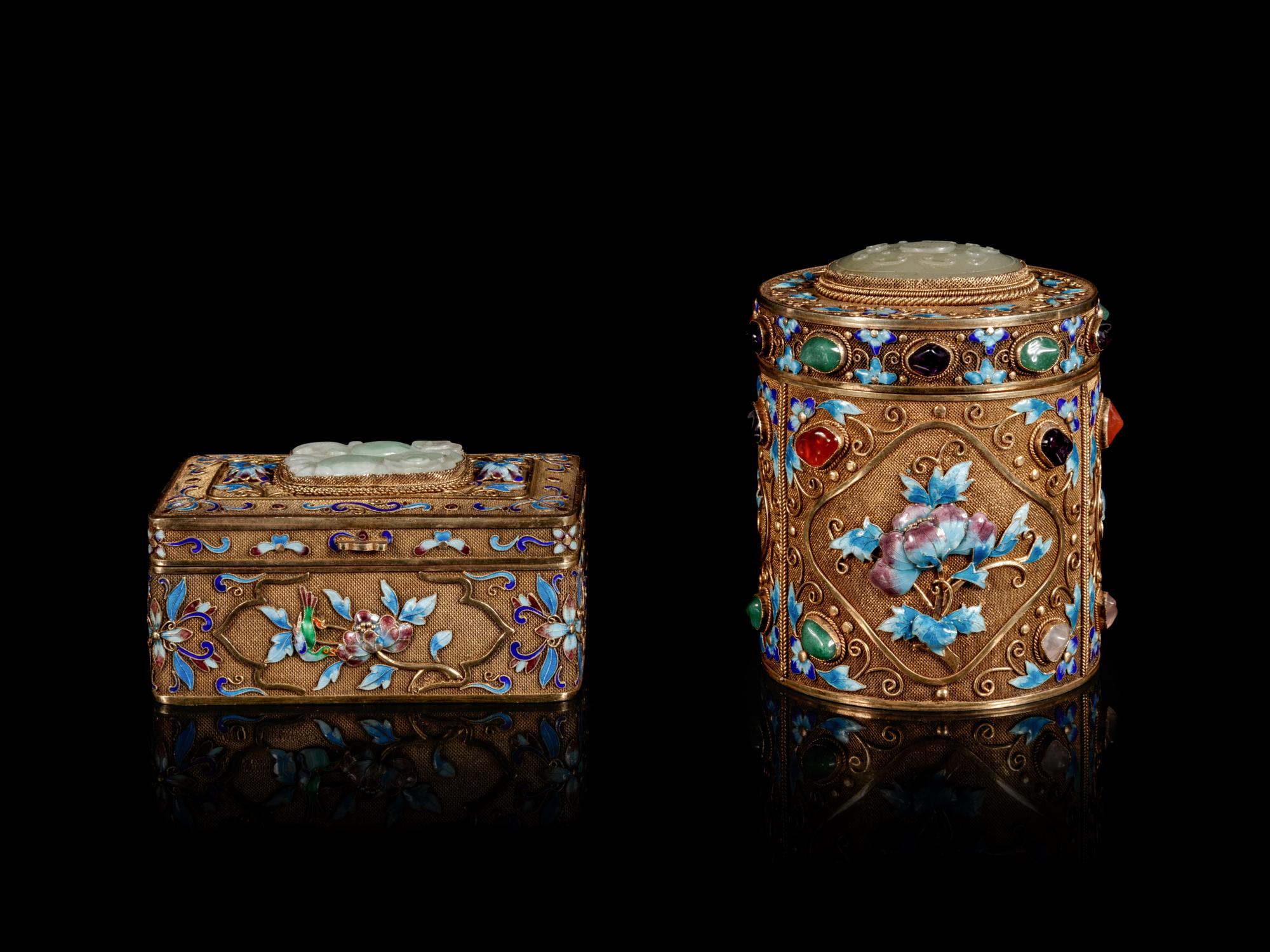 Two Jade and Hardstone Filigree and Enameled Jewelry Boxes