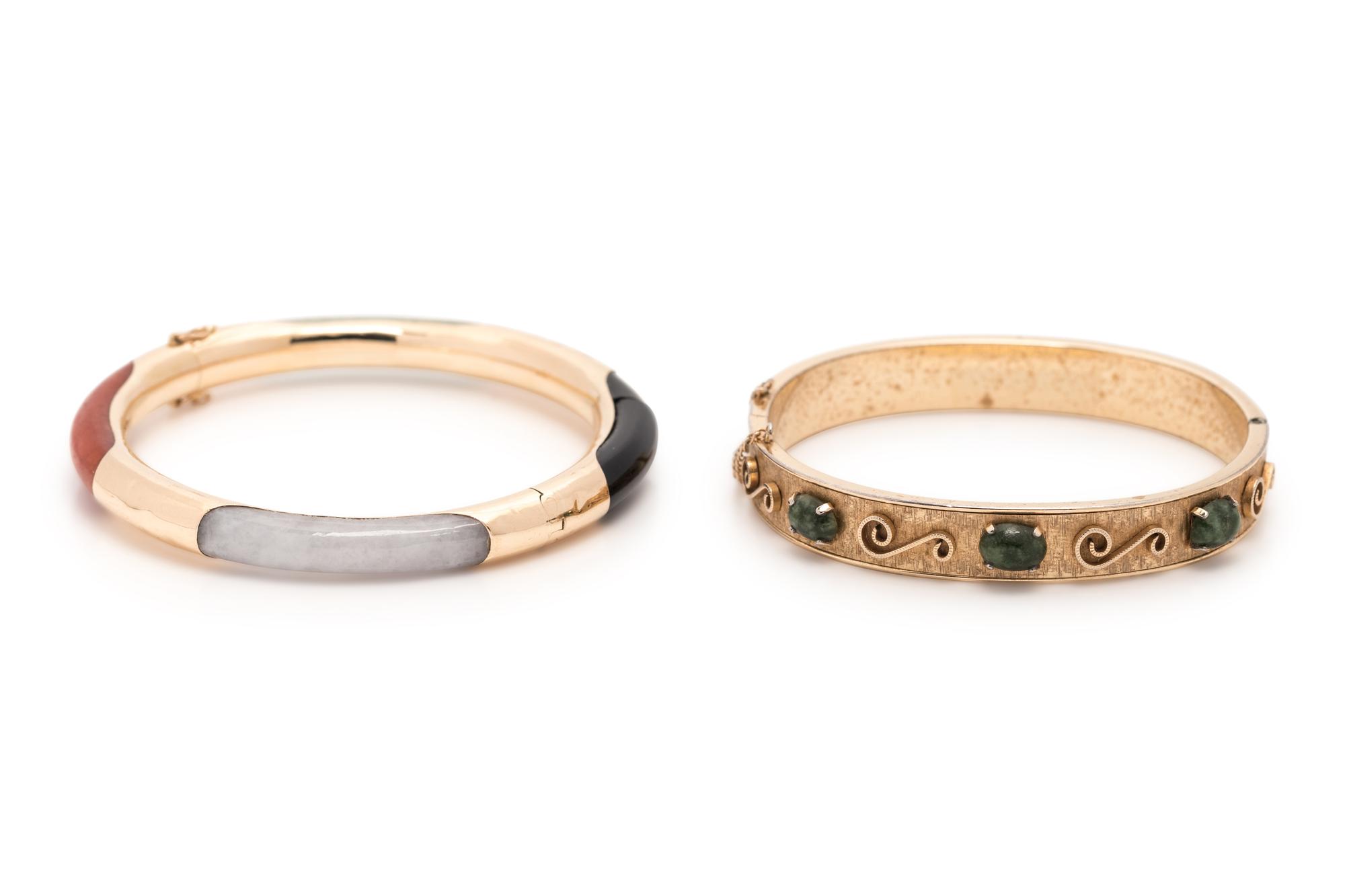 YELLOW GOLD, GOLD PLATED AND HARDSTONE BANGLE BRACELETS