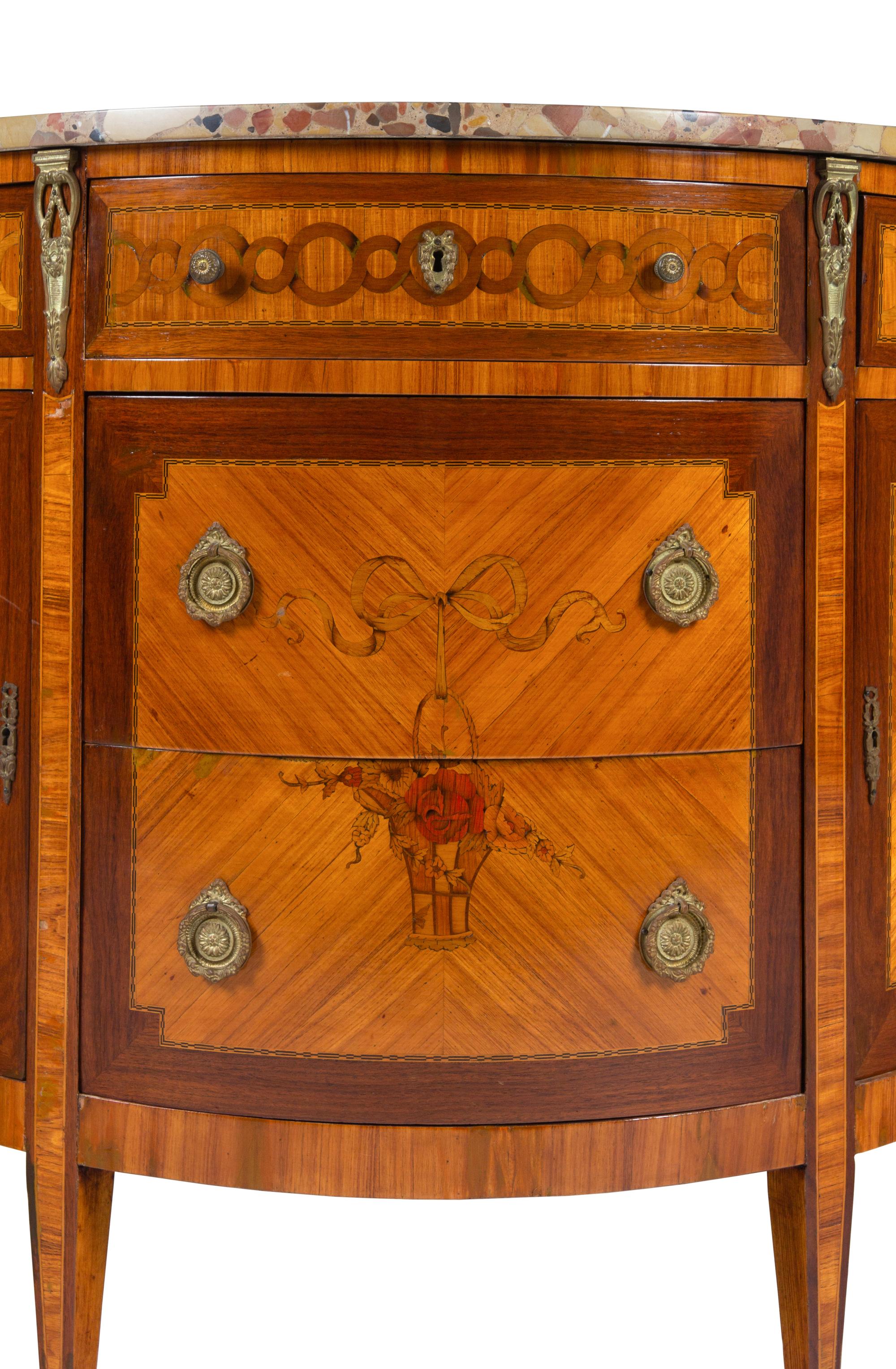 A Louis XVI Style Gilt Metal-Mounted Marquetry Marble-Top Demilune Commode