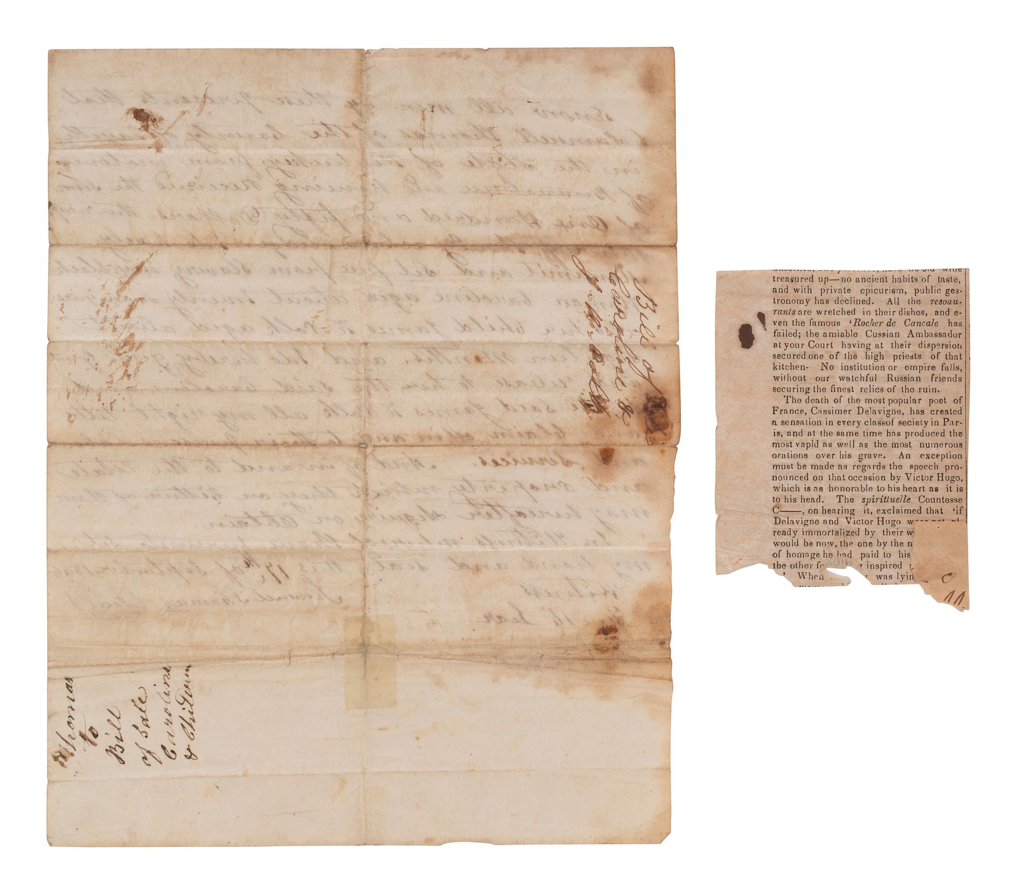 [ENSLAVEMENT]. Manuscript manumission of an enslaved woman and child. Fayette Co., KY, 17 Sep 1846.
