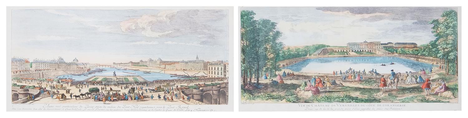 A Group of Two French Handcolored Engravings, Height 16 1/2 x width 25 1/2 inches with frame.