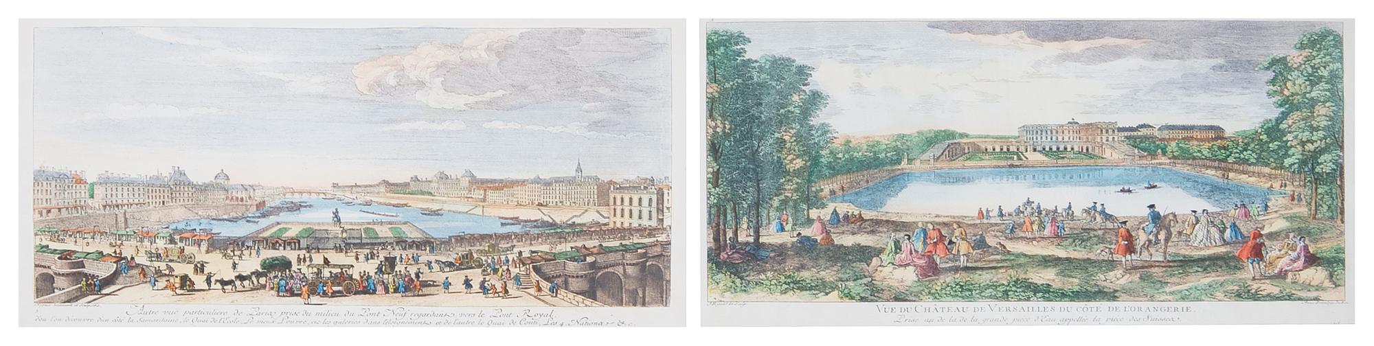 A Group of Two French Handcolored Engravings, Height 16 1/2 x width 25 1/2 inches with frame.
