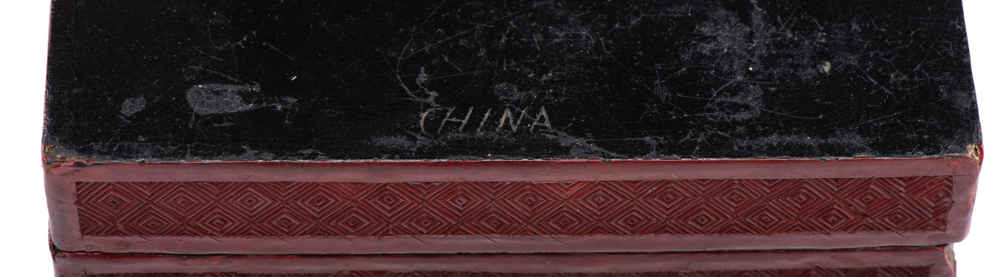 A Diminutive Hanging Display Shelf, a Cinnabar Box and a Wooden Dresser Box