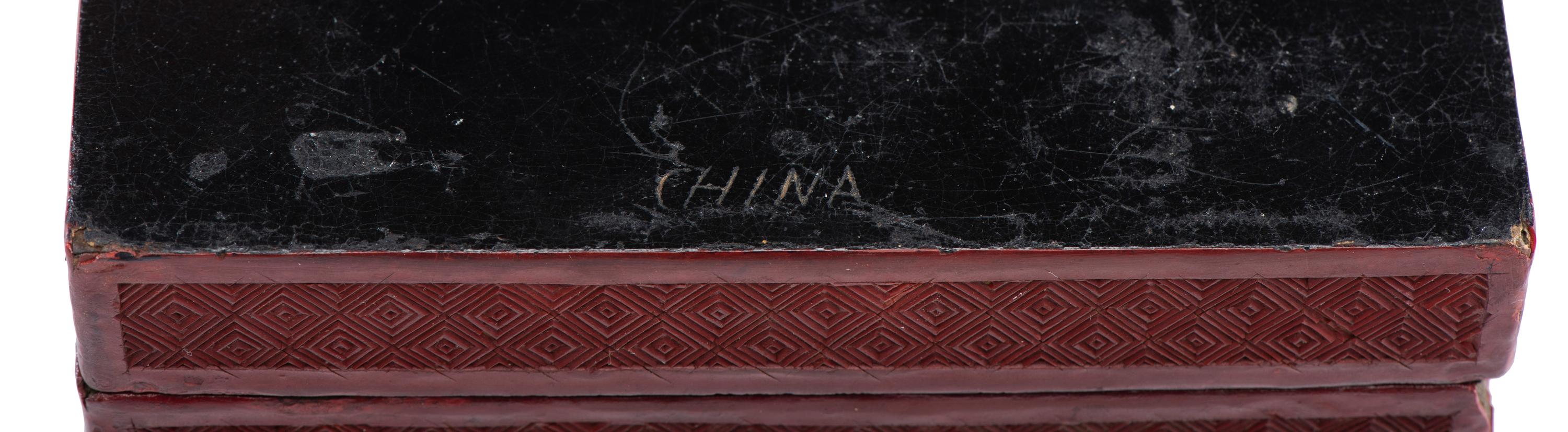 A Diminutive Hanging Display Shelf, a Cinnabar Box and a Wooden Dresser Box