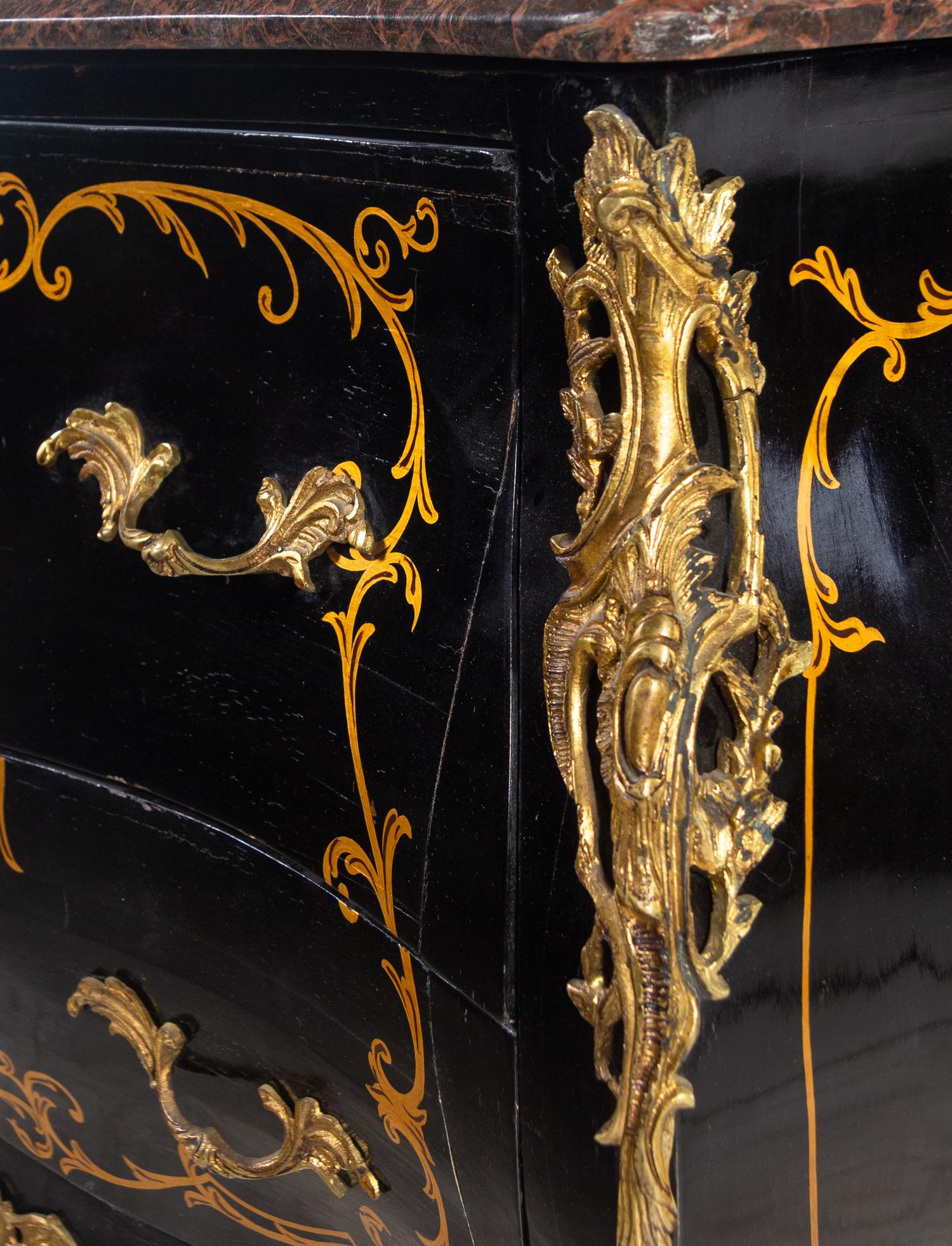 A Louis XV Style Gilt Metal Mounted Painted Marble-Top Commode